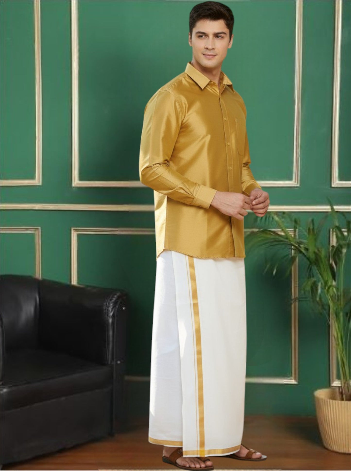 Tattva Men Gold-Toned Slim Fit Solid Casual Shirt