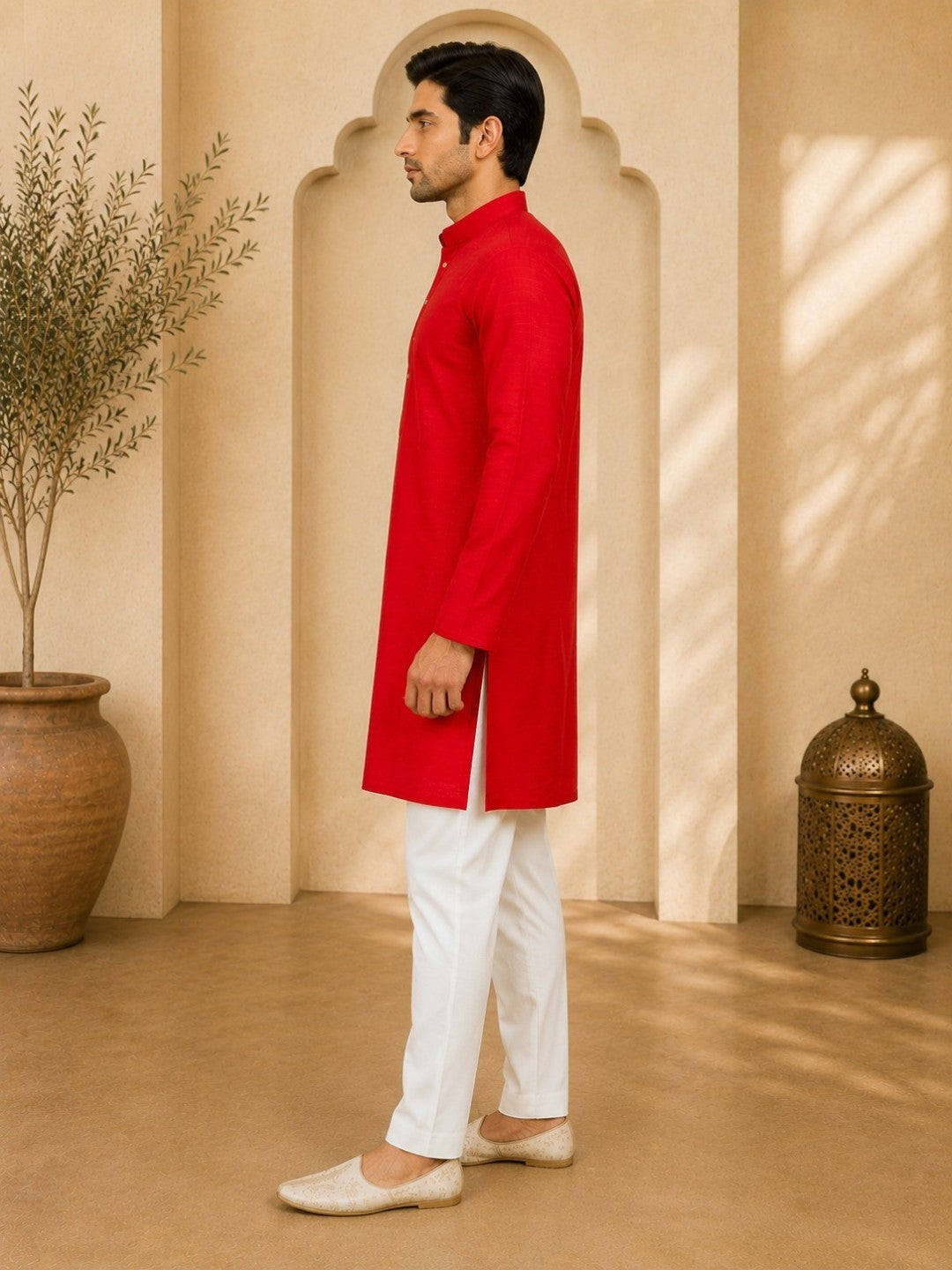 Tattva Red Toned Embroidered Cotton Short Kurta