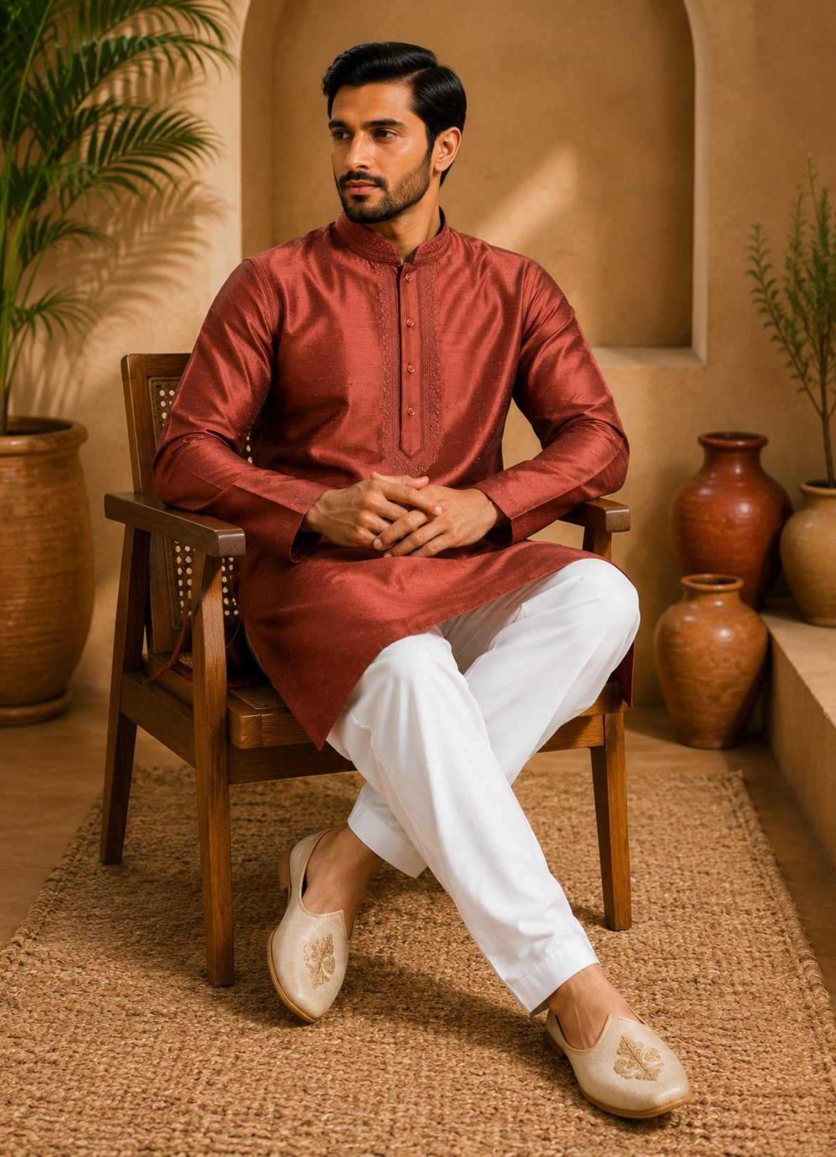 Tattva Men Thread Work Mandarin Collar Silk Straight Kurta