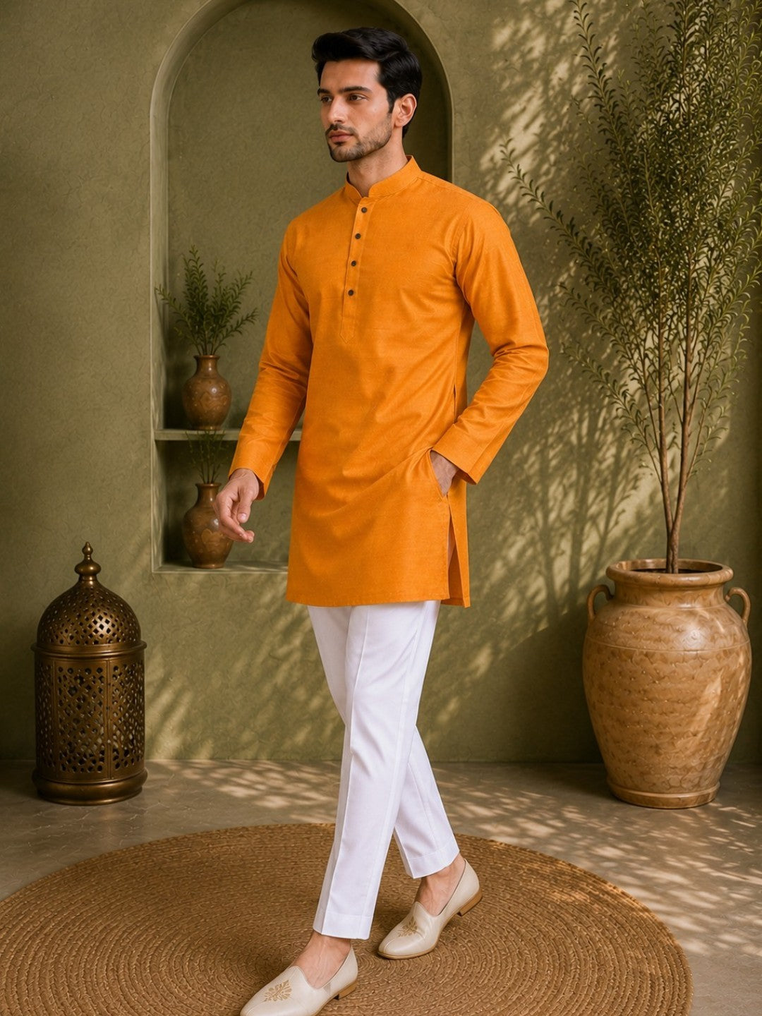 Tattva Men Saffron-Toned Applique Mandarin Collar Kurta
