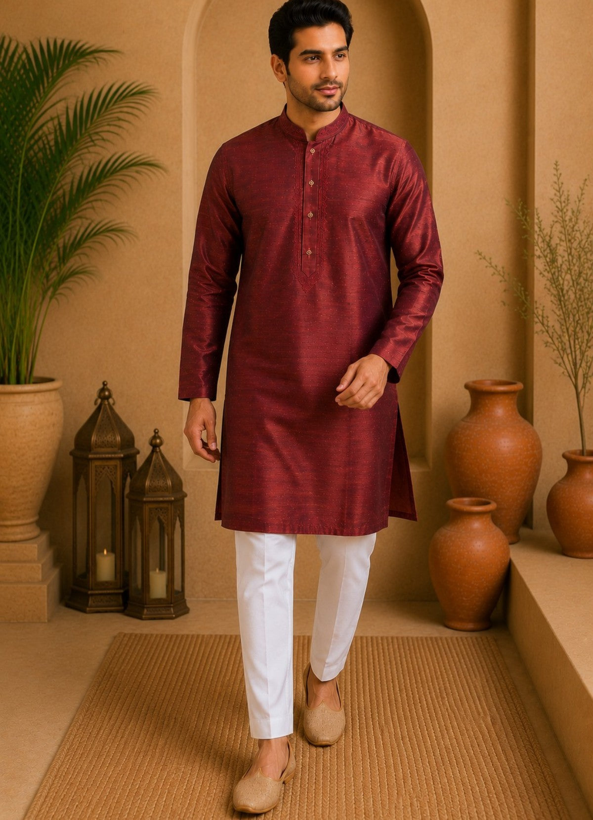 Tattva Rust Mandarin Collar Thread Work Pure Silk Straight Short Kurta