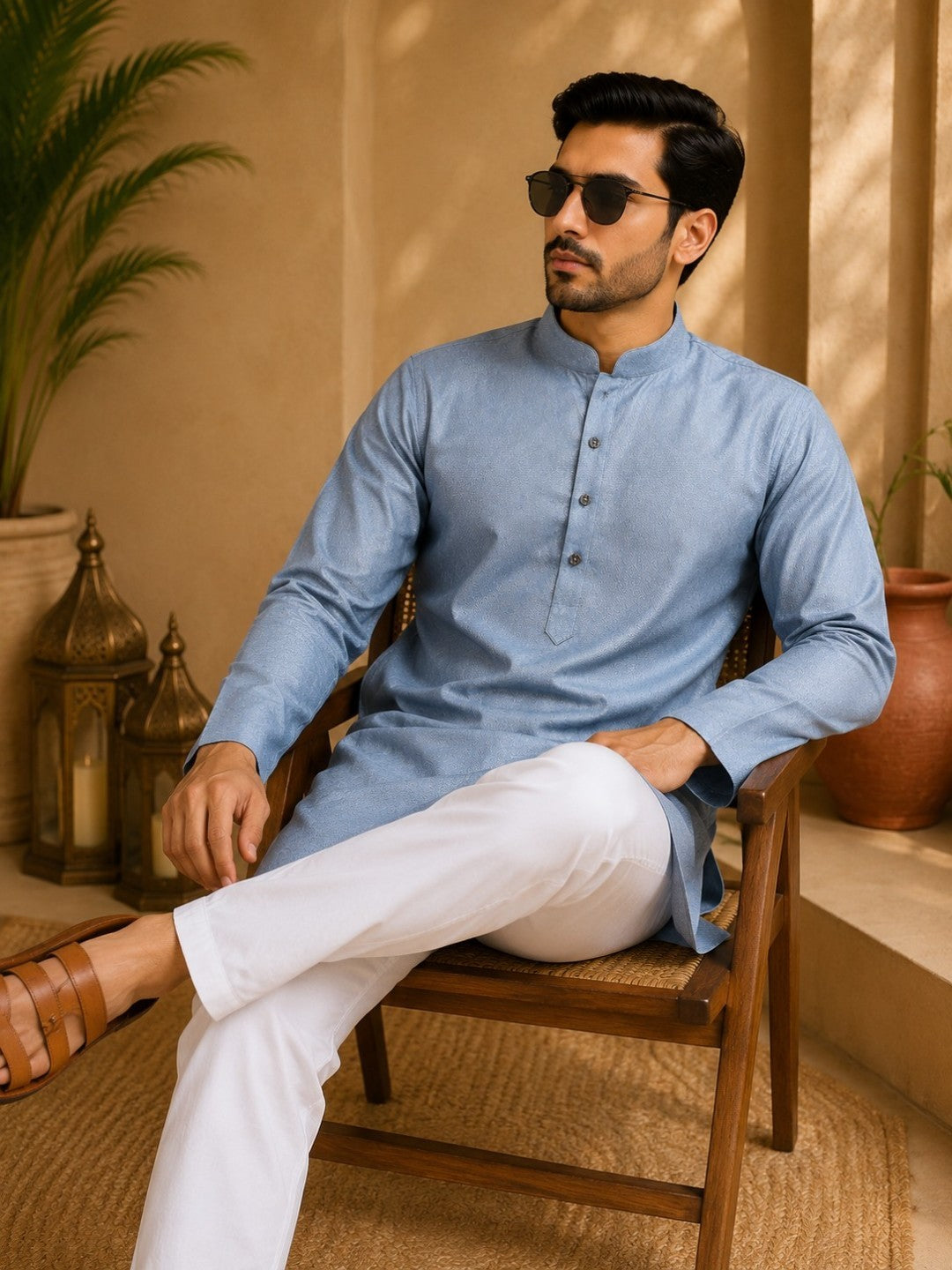 Tattva Men Silver-Toned Applique Mandarin Collar Kurta