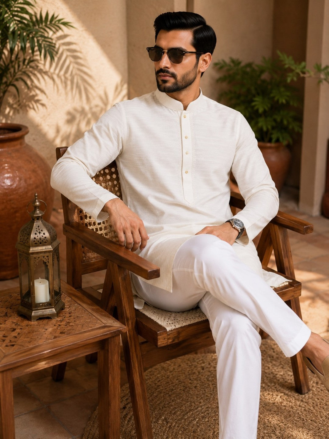 Tattva Men White Colored Embroidered Short Kurta