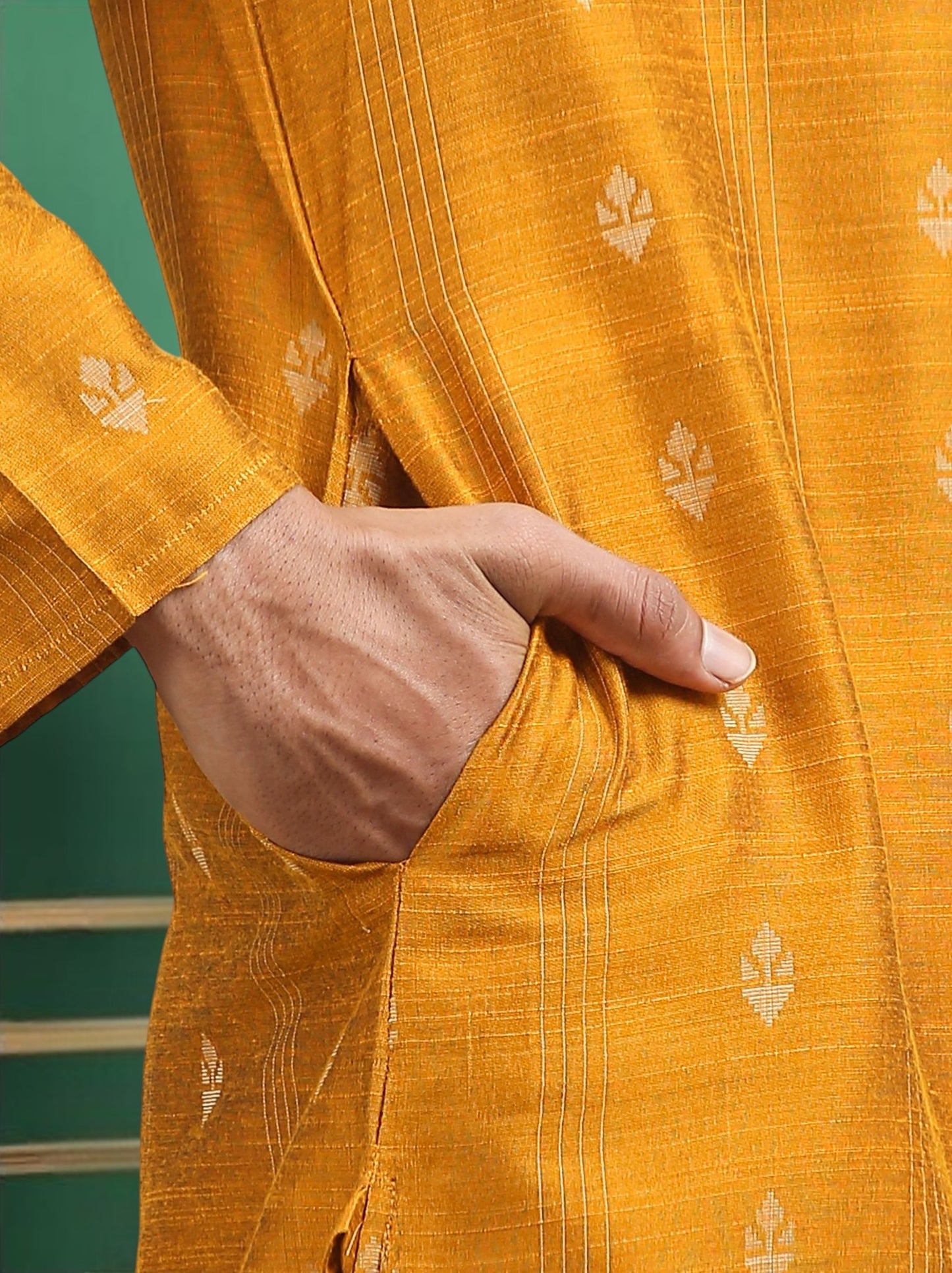 Tattva Yellow Toned Woven Design Cotton Short Kurta