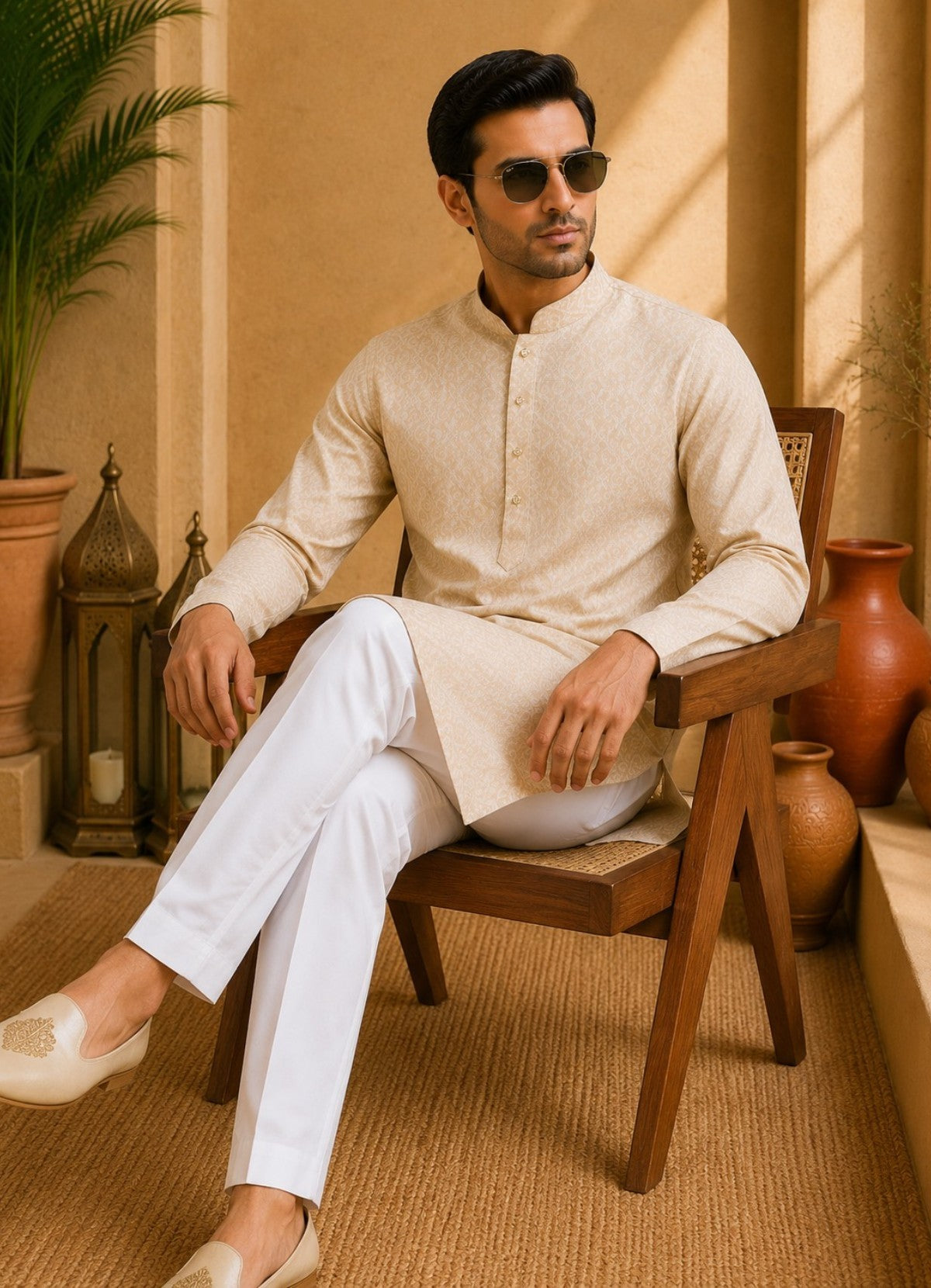Tattva Men Beige Floral Woven Design Kurta Pyjama