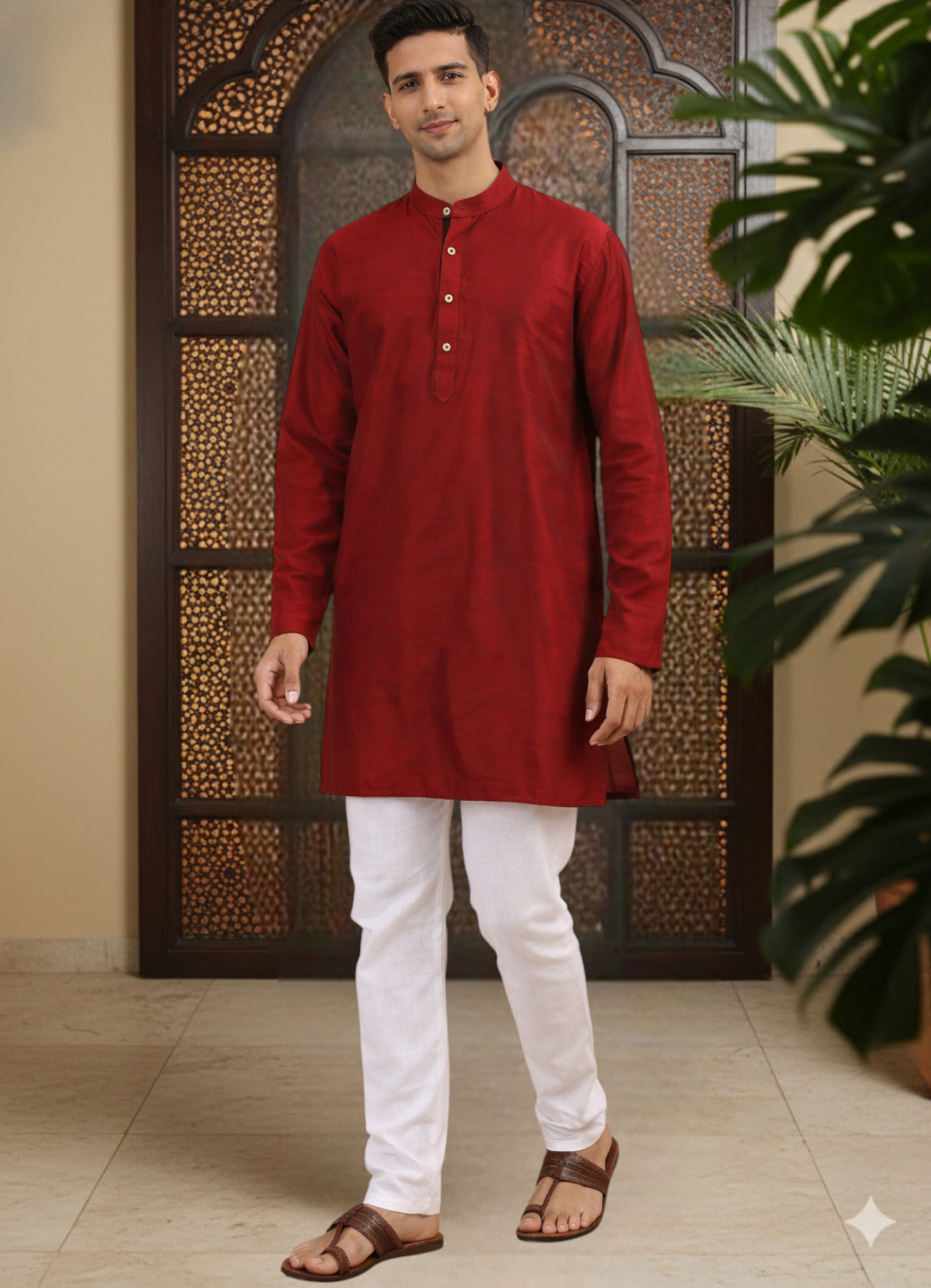 Tattva Men Solid Pure Cotton Short Kurta with Mandarin Collar