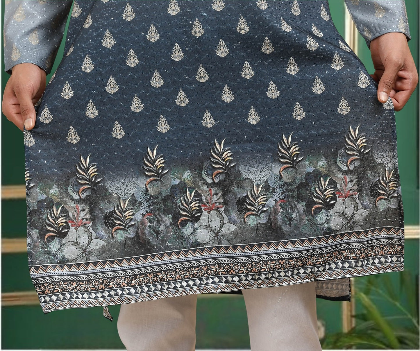 Tattva Men Ethnic Motifs and Daman Printed Sequence Threadwork Kurta Pyjama Set