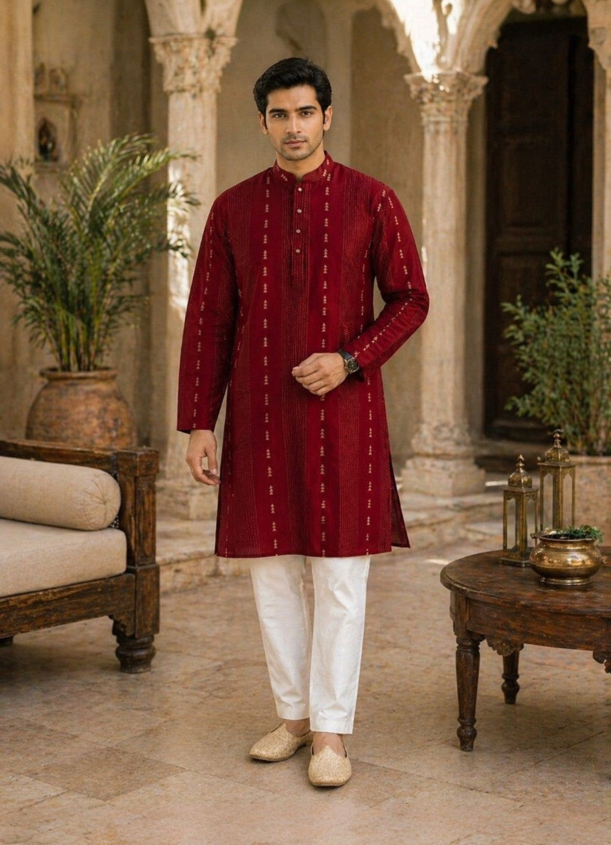 Tattva Men Maroon Embroidered Cotton Silk Kurta with Pyjamas