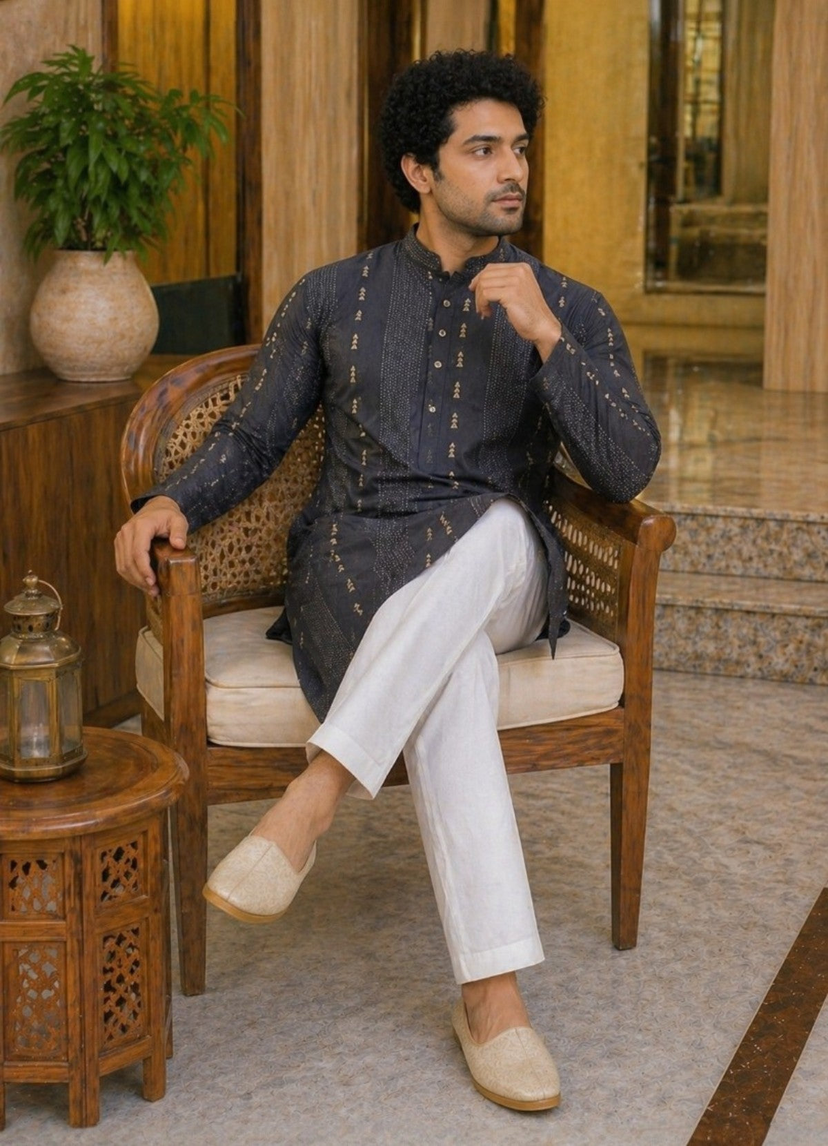 Tattva Men Navy Blue Embroidered Cotton Silk Kurta with Pyjamas