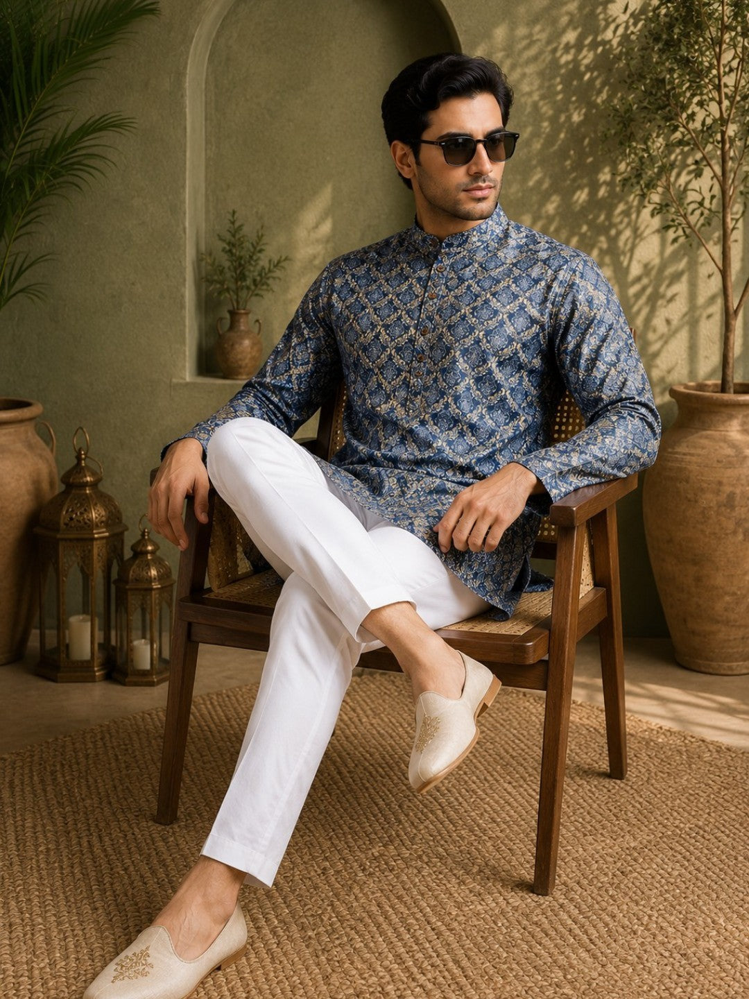Tattva Men Mandarin Collar Abstract Printed Straight Kurta