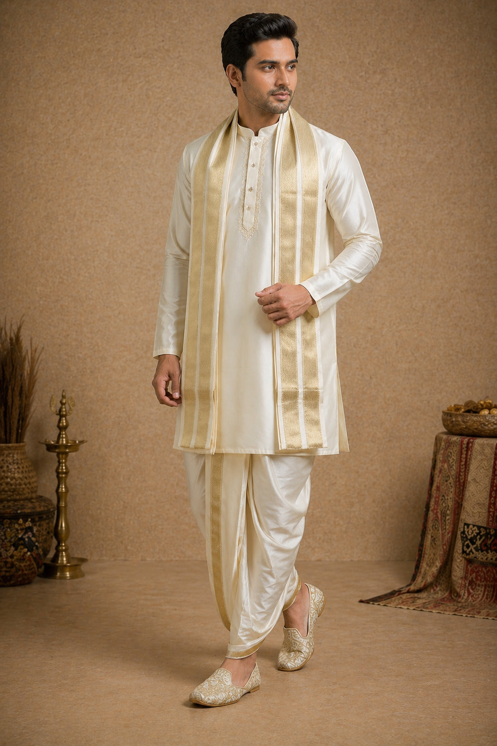 Tattva Men Cream Toned Art Silk Kurta Dhoti Set