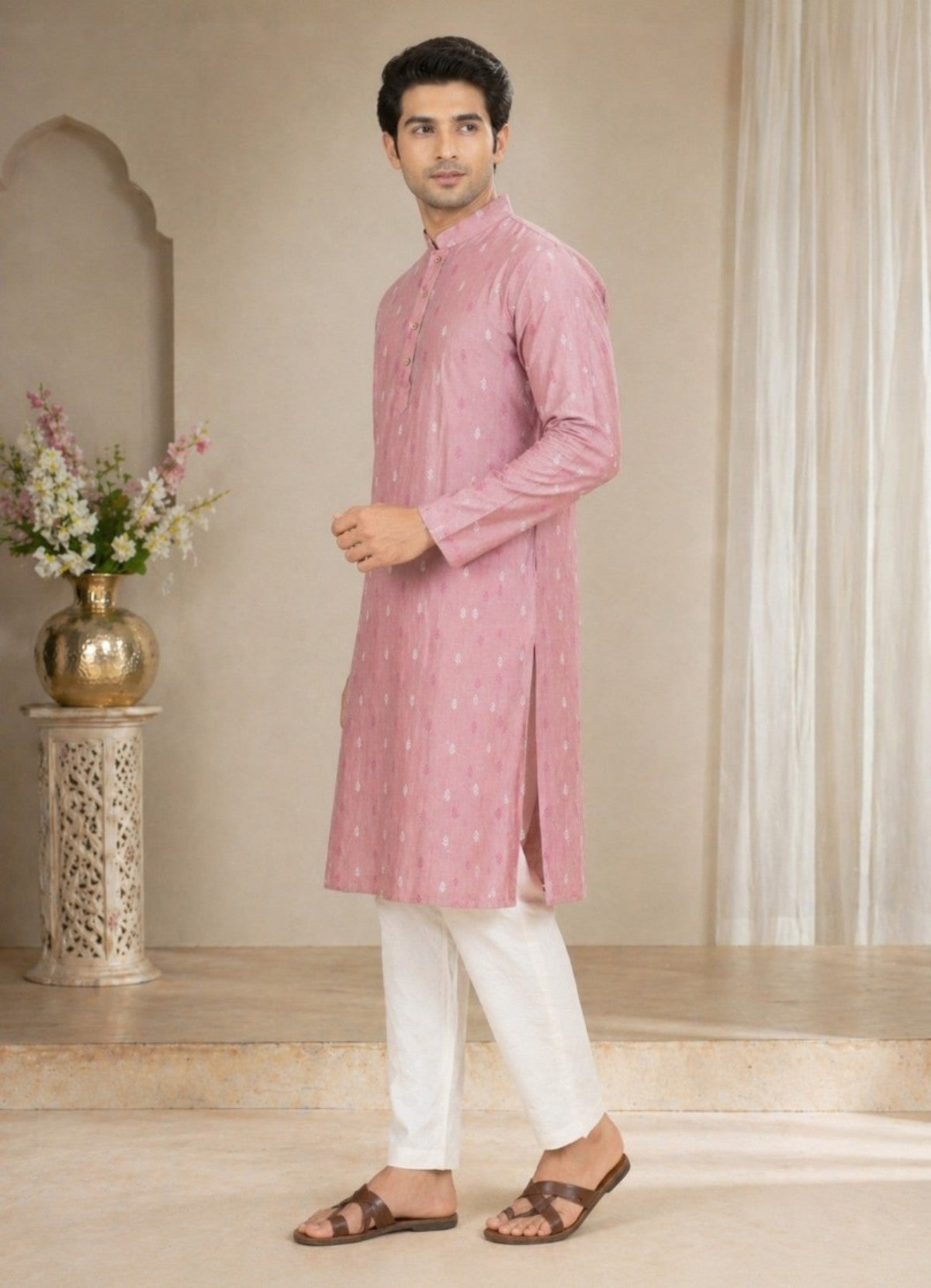 Tattva Men Dusty Pink Embroidered Cotton Silk Kurta with Pyjamas