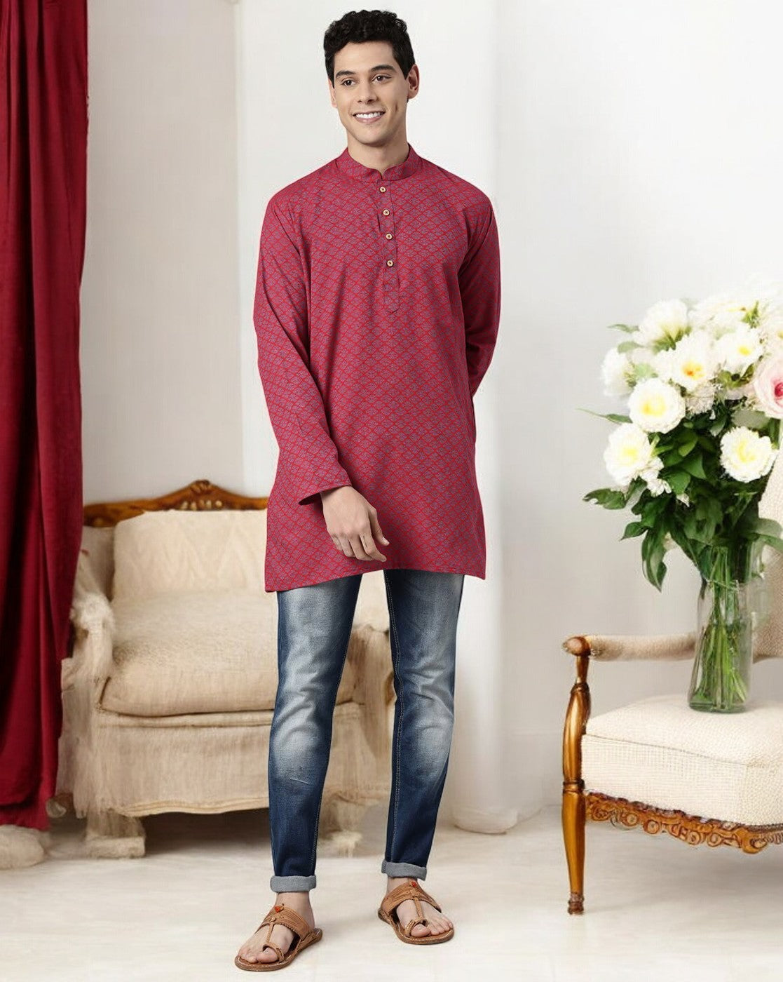 Tattva Men Red Geometric Print Cotton Blend Straight Kurta