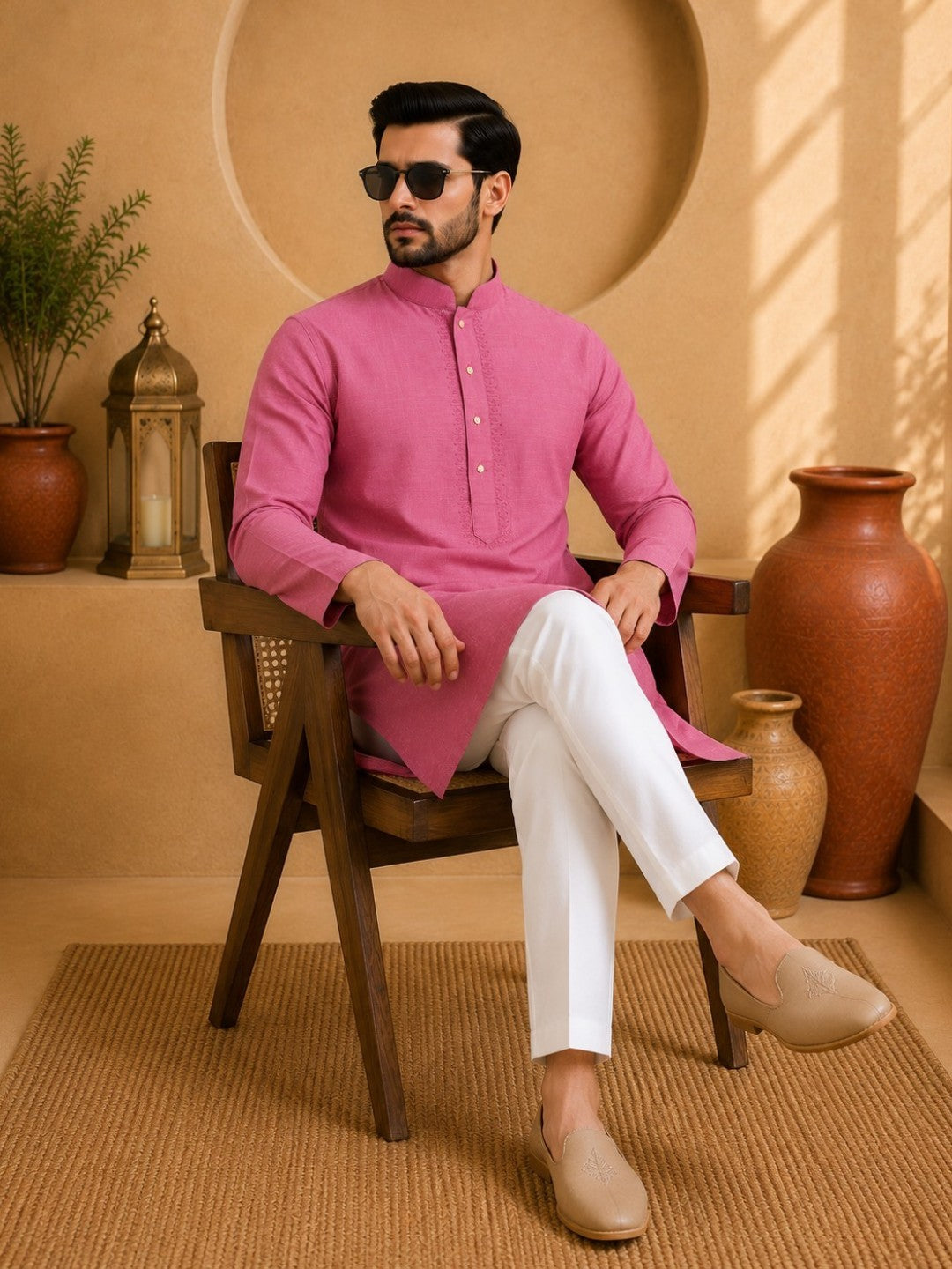 Tattva Men Embroidered Solid Short Kurta