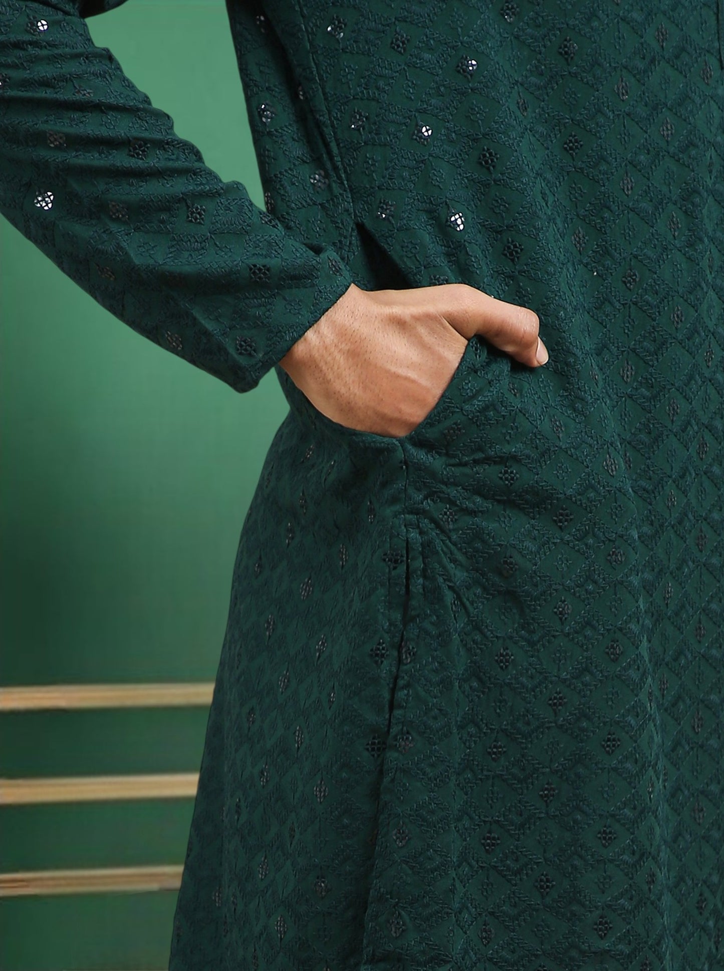 Tattva Dark Green Toned chikankari Cotton Short Kurta