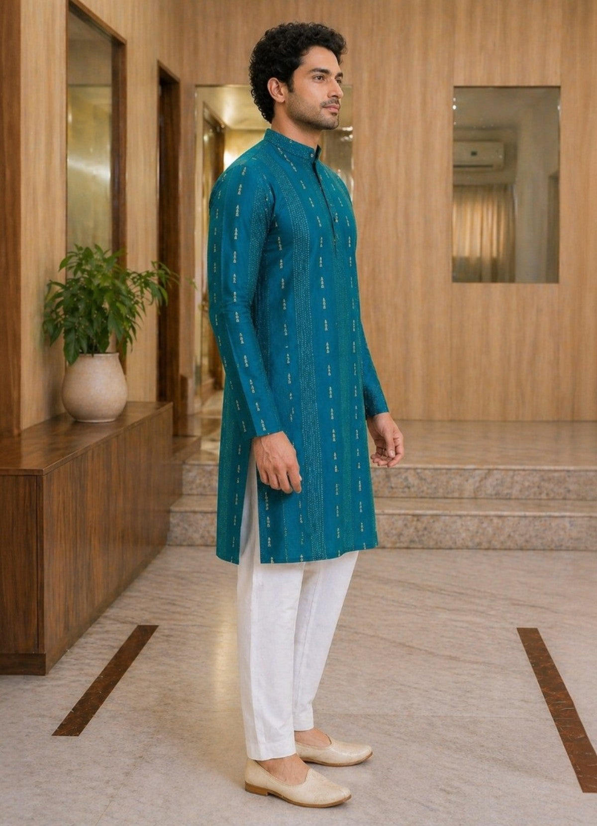 Tattva Men Teal Green Embroidered Cotton Silk Kurta with Pyjamas