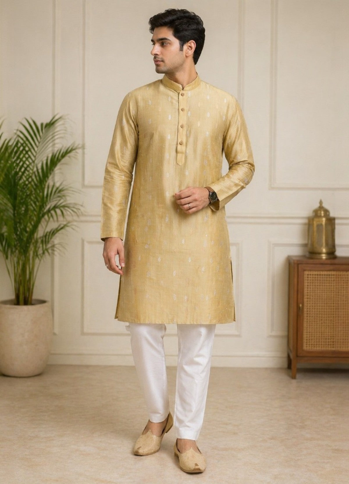 Tattva Men Mustard Gold Embroidered Cotton Silk Kurta with Pyjamas