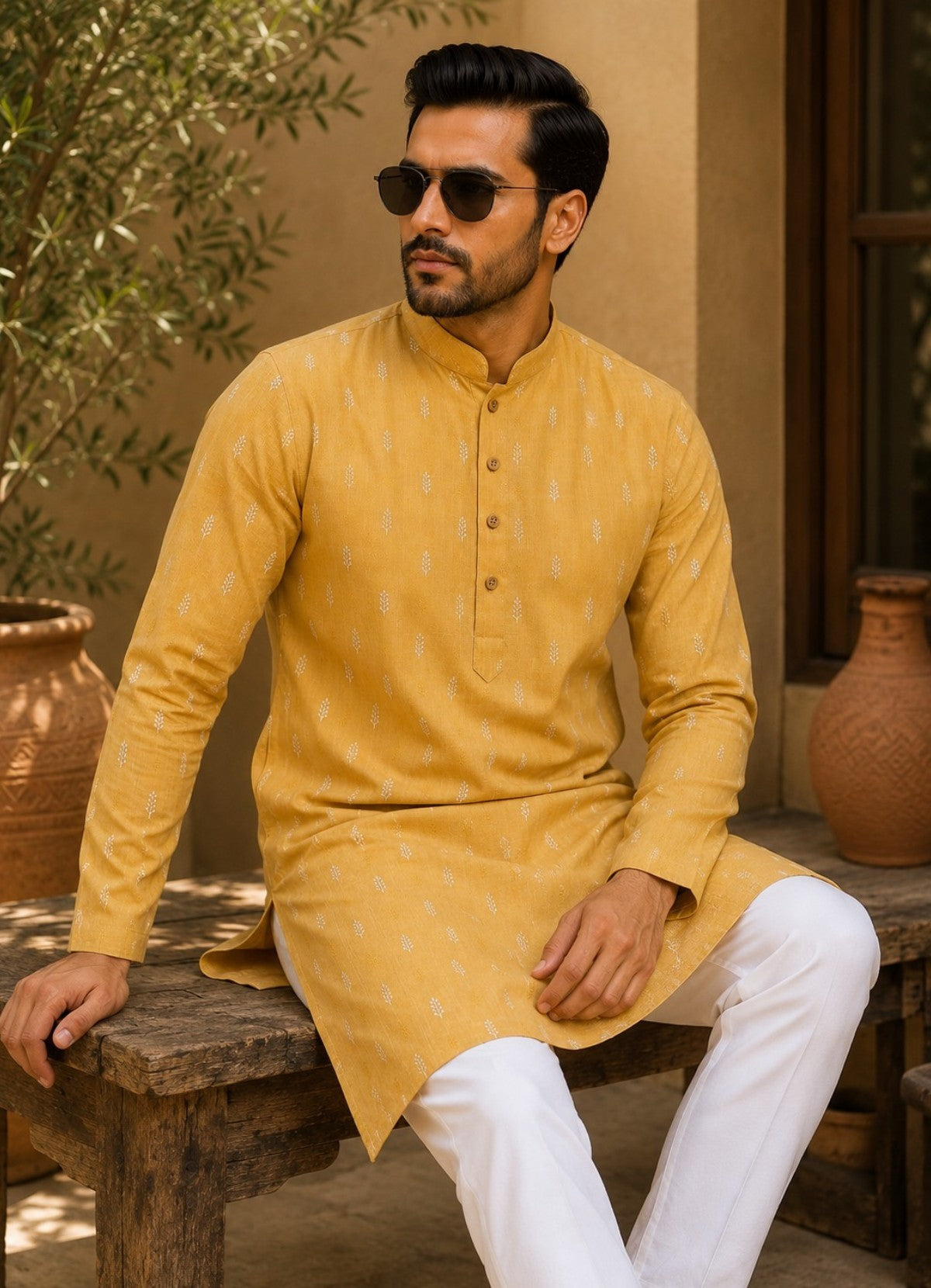 Tattva Men Mustard Yellow Self Design Mandarin Collar Straight Kurta with Pyjamas