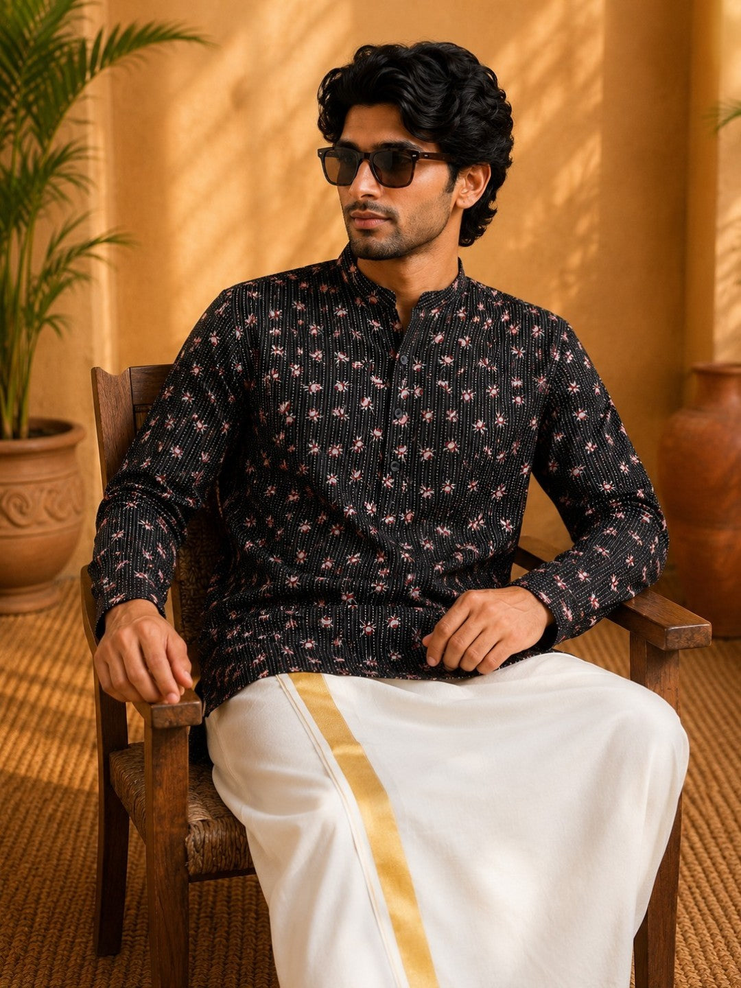Tattva Men Floral Printed Woven Thread Super Short Kurta