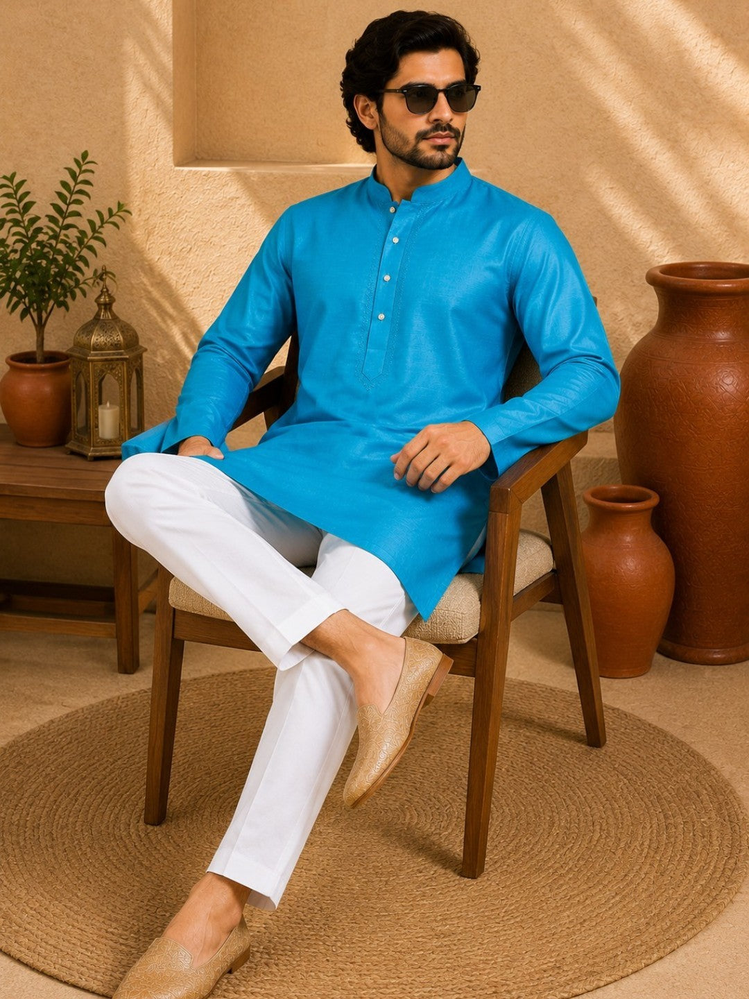 Tattva Solid Embroidered Mandarin Collar Short Kurta