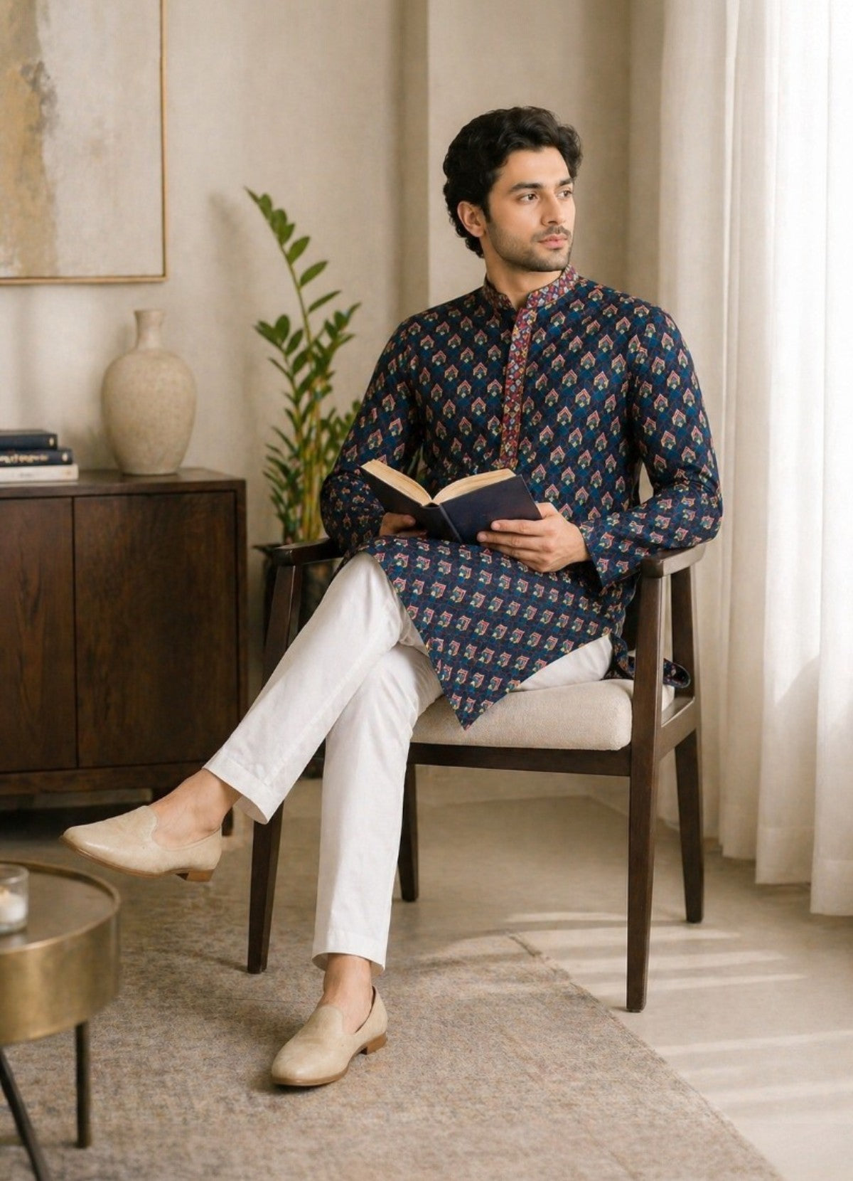 Tattva Men Navy Blue Geometric Design Sequined Jacquard Kurta with Pyjamas