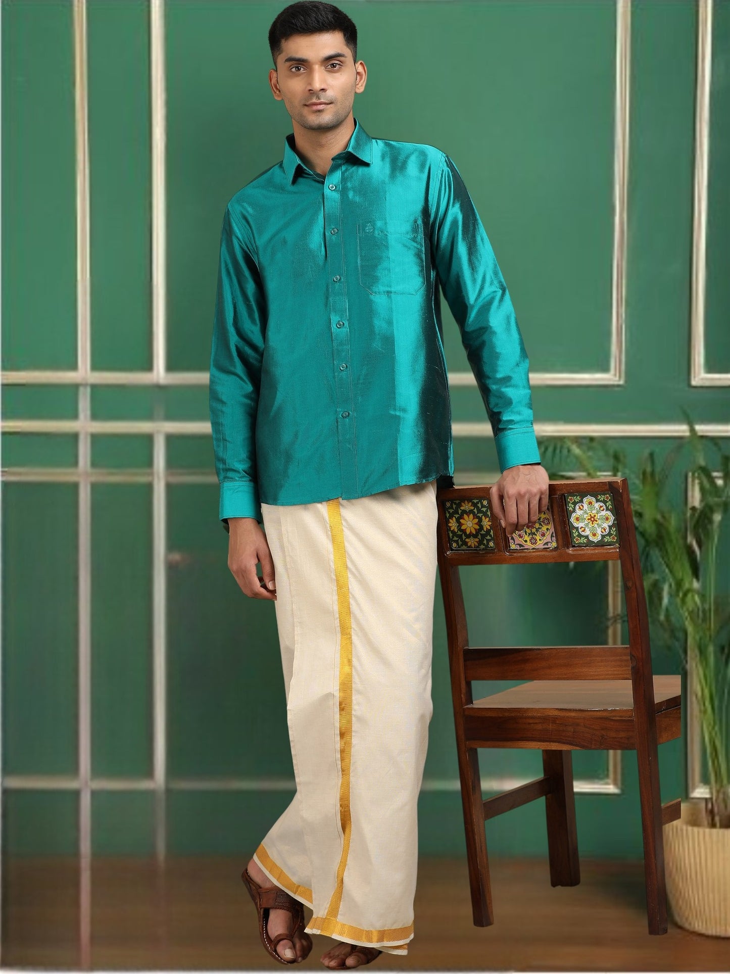 Tattva Men Sea Green Toned Pure Silk Shirt