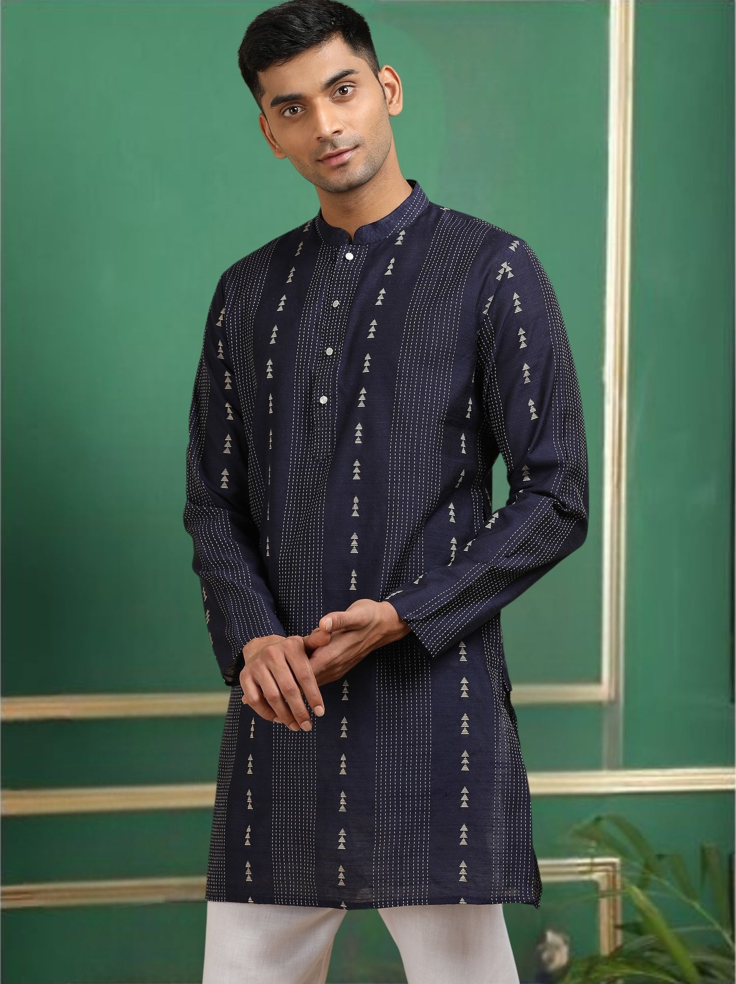 Tattva Navy Blue Toned Threadwork Short Kurta