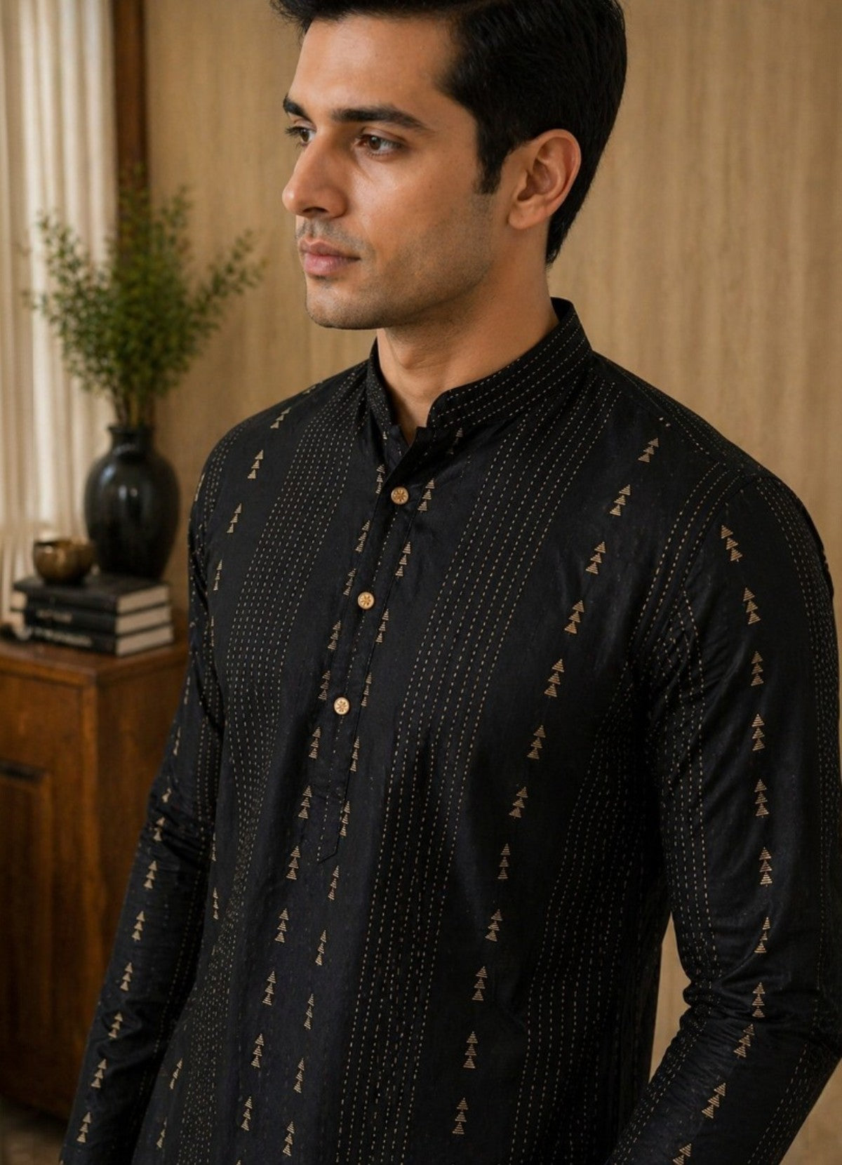 Tattva Men Black Embroidered Cotton Silk Kurta with Pyjamas