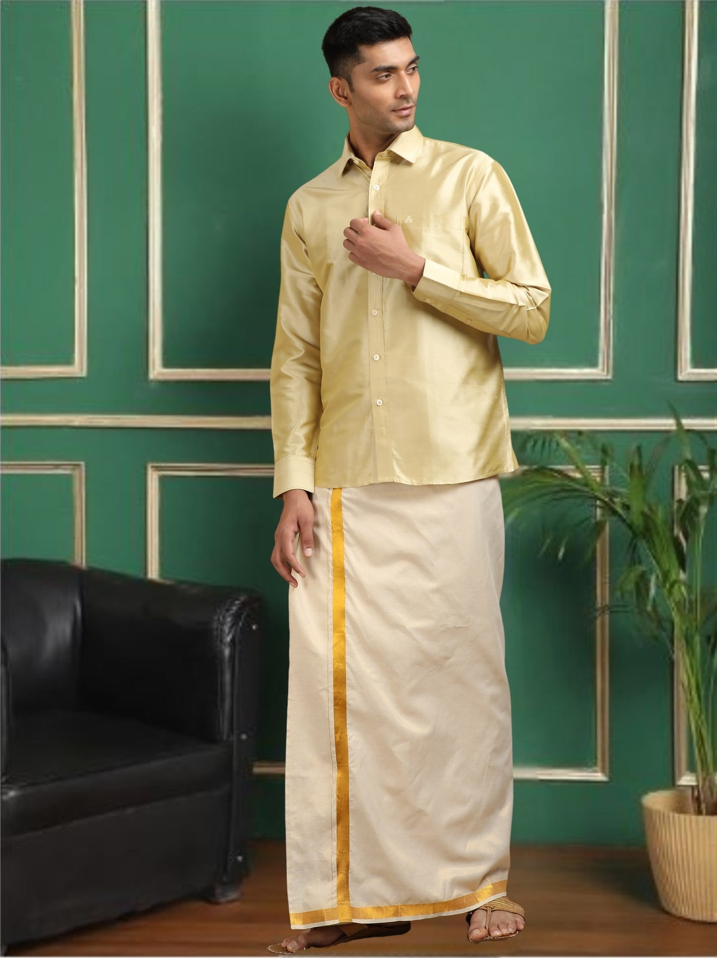 Tattva Men Gold Toned Pure Silk Shirt