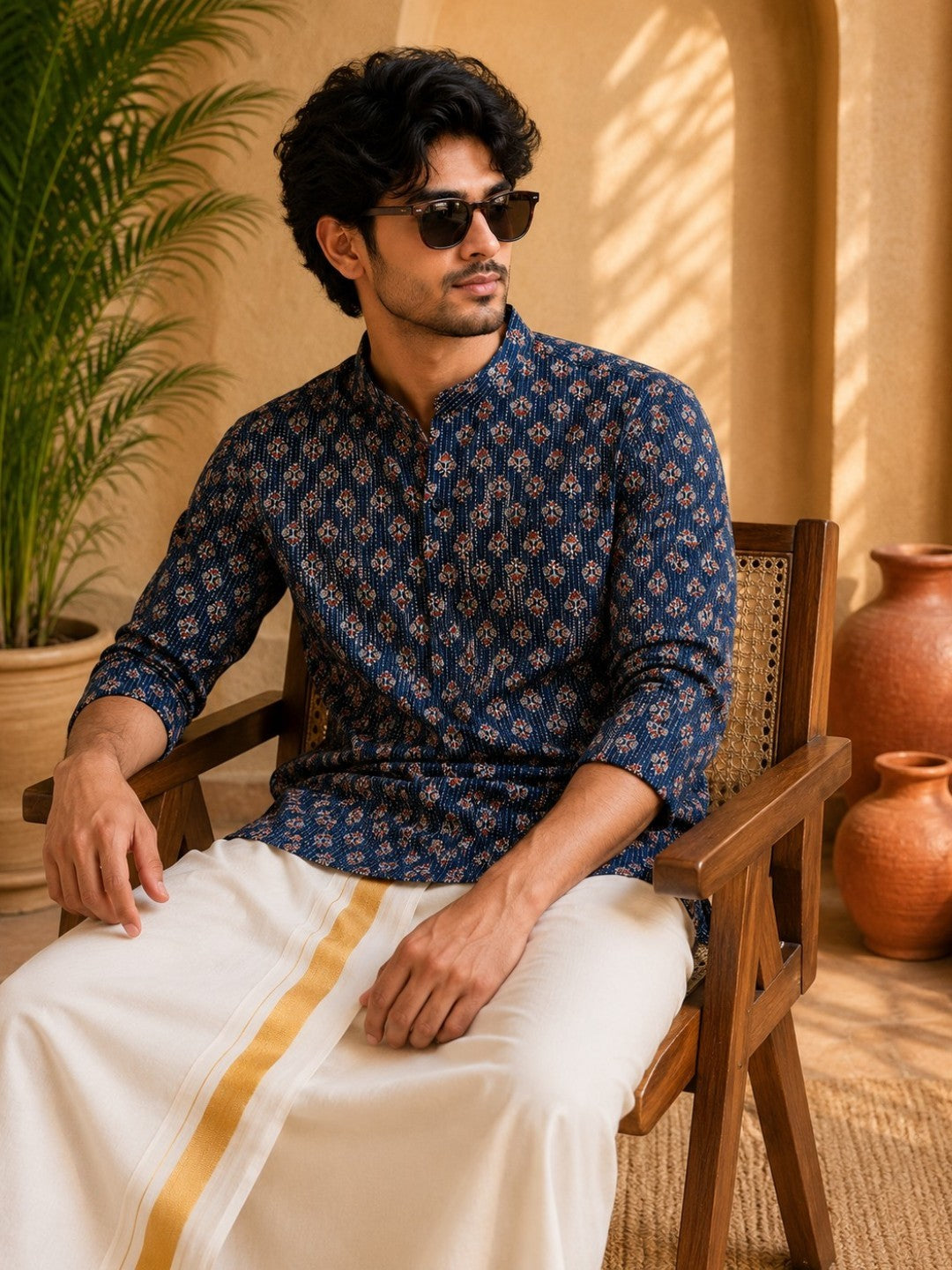 Tattva Men Floral Printed Woven Thread Super Short Kurta