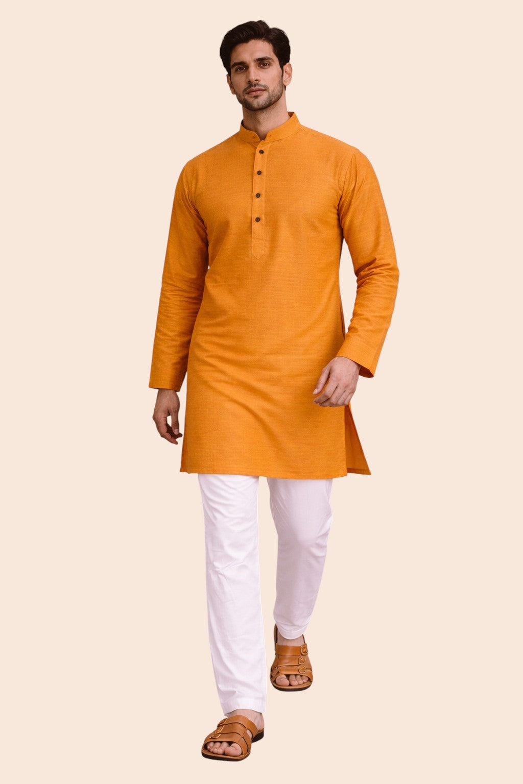 Tattva Men Saffron-Toned Applique Mandarin Collar Kurta