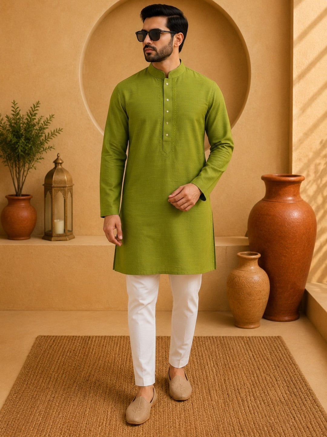 Tattva Solid Embroidered Mandarin Collar Short Kurta