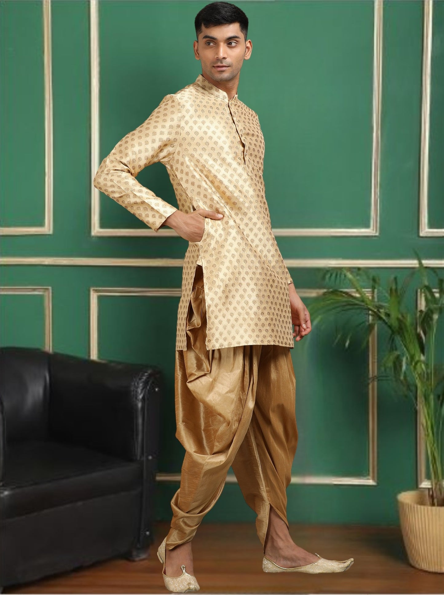 Tattva Beige Toned Jacquard Short Kurta