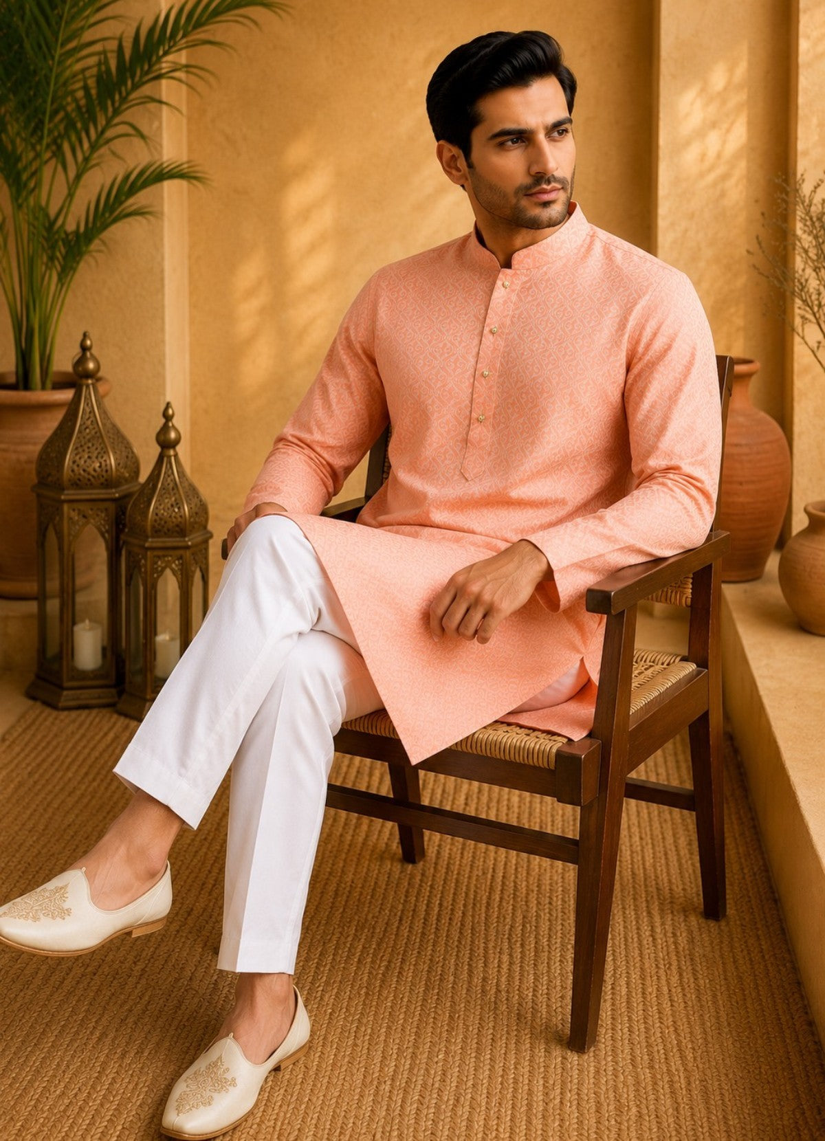 Tattva Men Peach Floral Woven Design Kurta Pyjama