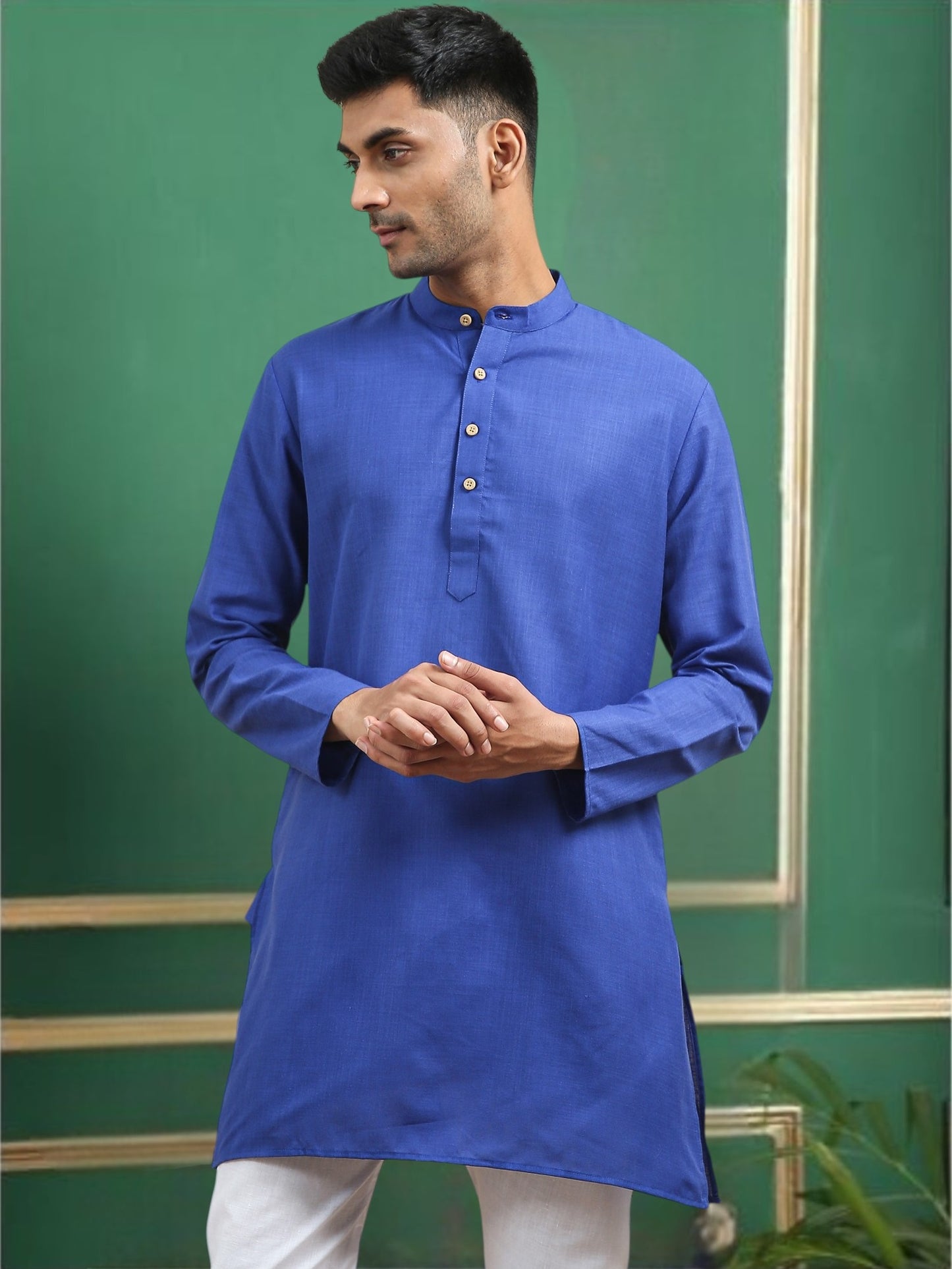 Tattva Navy Blue Toned Solid Cotton Short Kurta