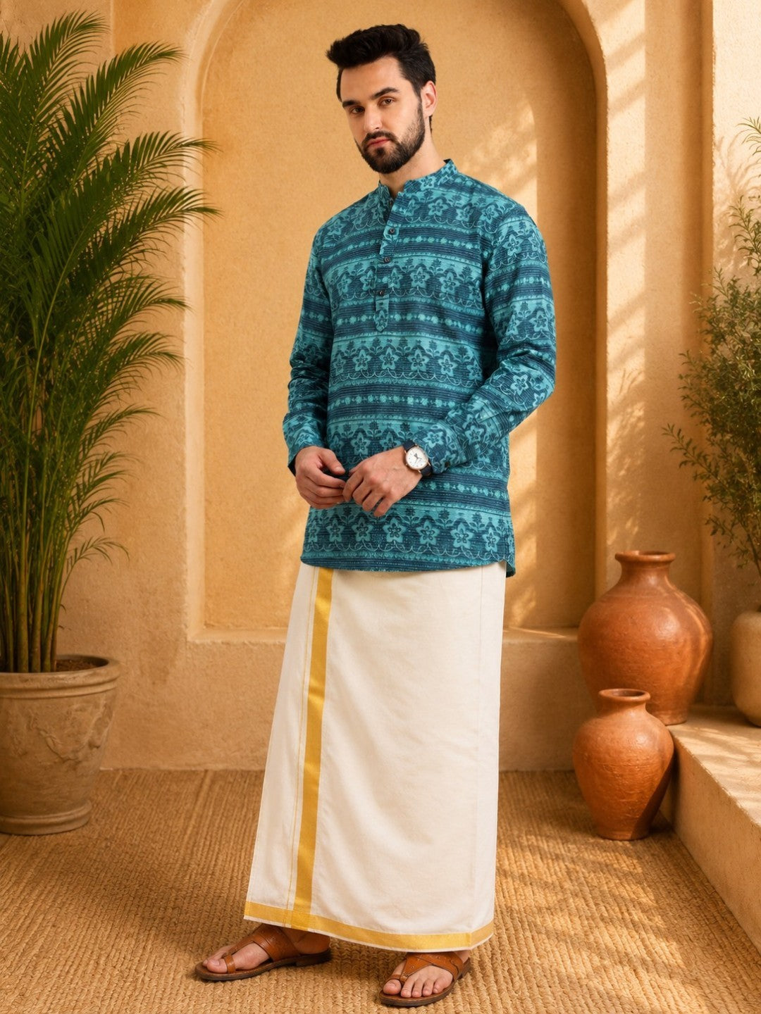 Tattva Men Floral Printed Woven Thread Super Short Kurta