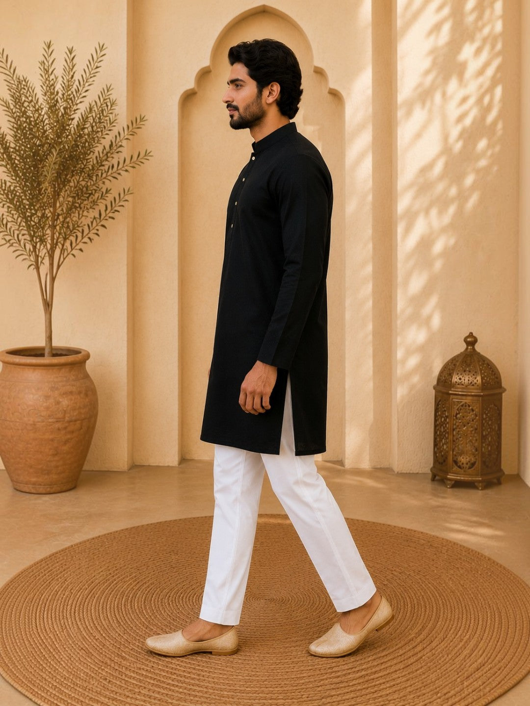 Tattva Black Toned Embroidered Cotton Short Kurta