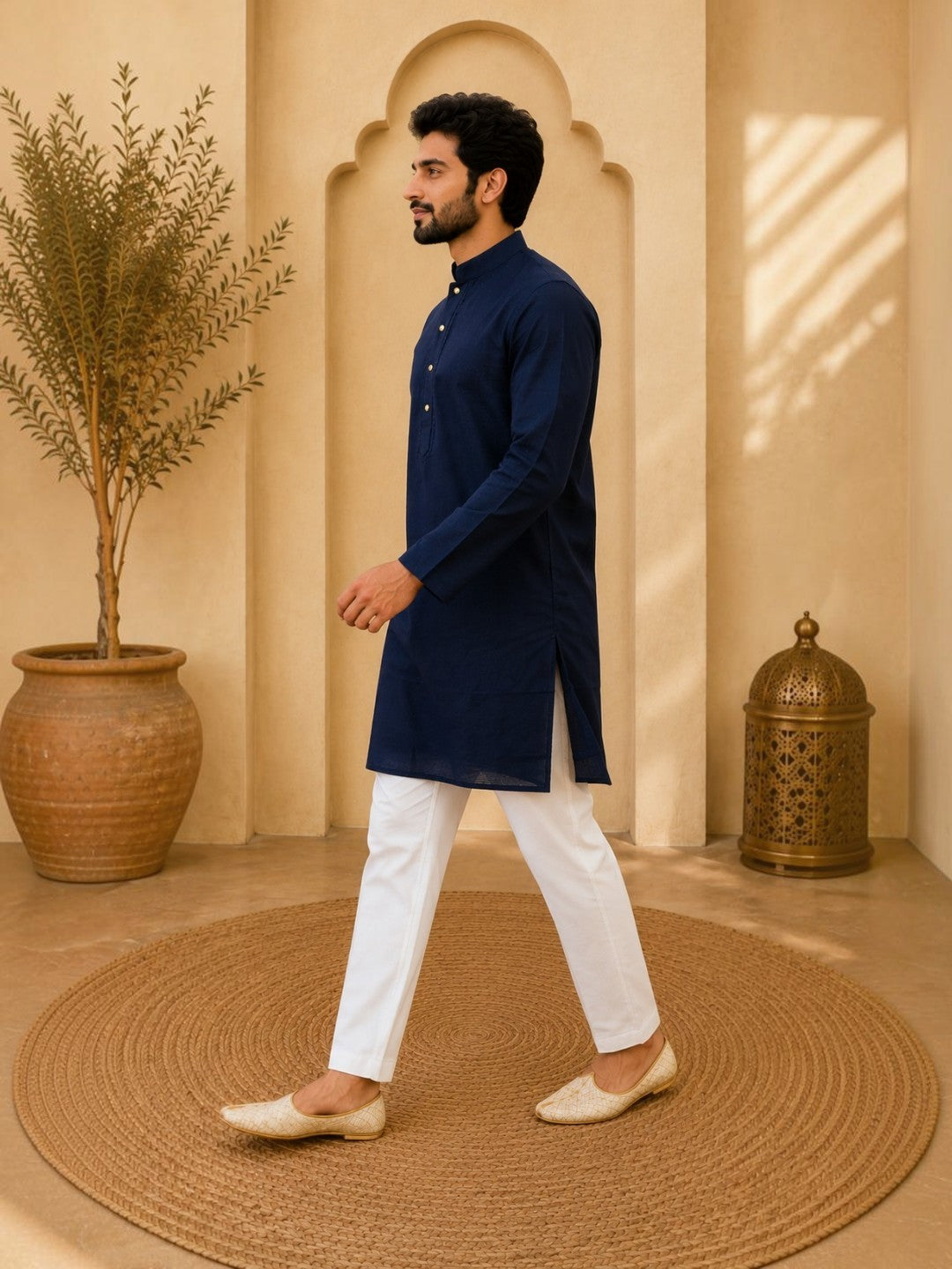 Tattva Navy Blue Toned Embroidered Cotton Short Kurta