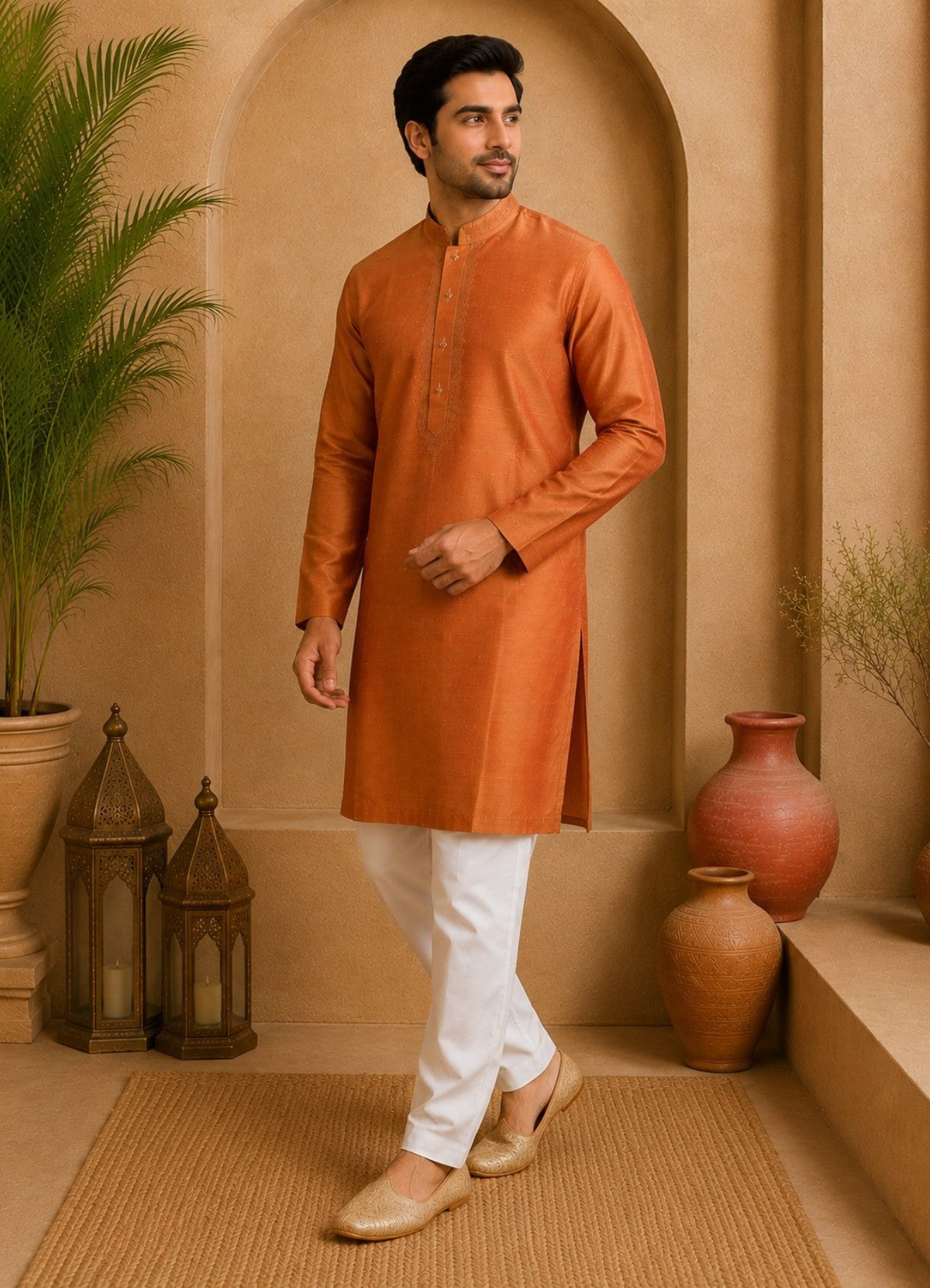 Tattva orange Mandarin Collar Thread Work Pure Silk Straight Short Kurta