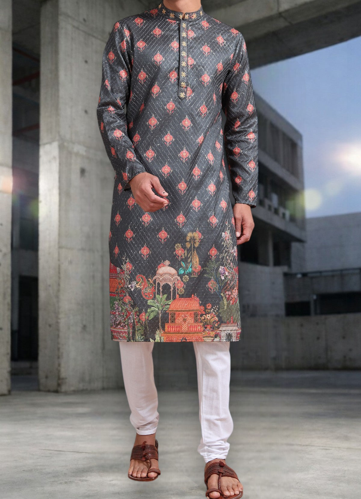 Tattva Woven Diamond Motif Brown Festive Kurta Set