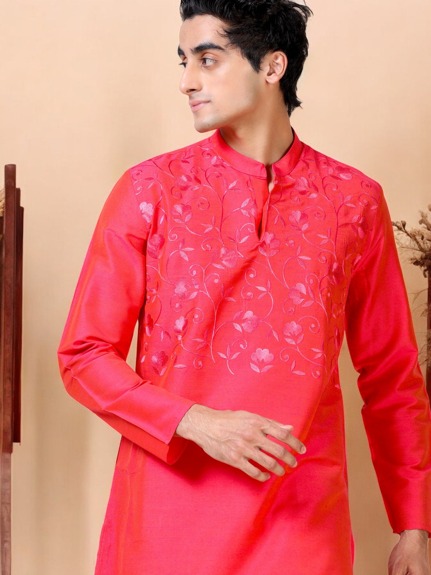 Tattva Men Embroidered Cotton Blend Asymmetric Kurta