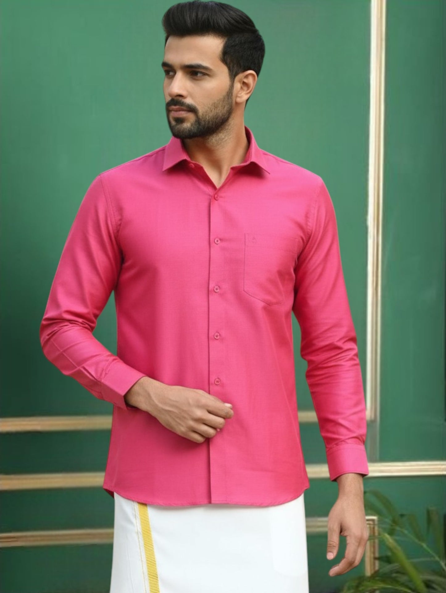 Pink Polyester Slim Fit Solid Party Shirt