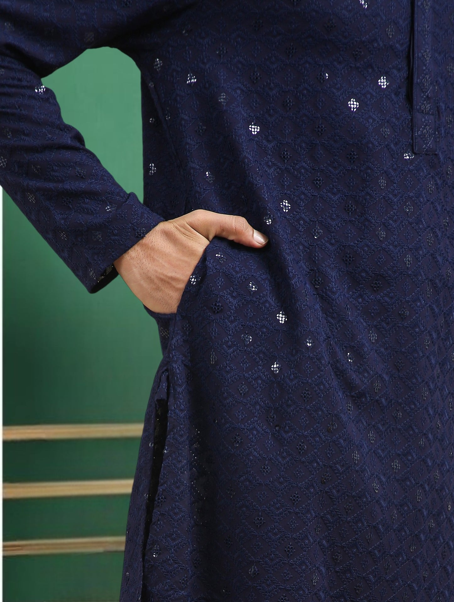 Tattva Navy Blue Toned chikankari Cotton Short Kurta