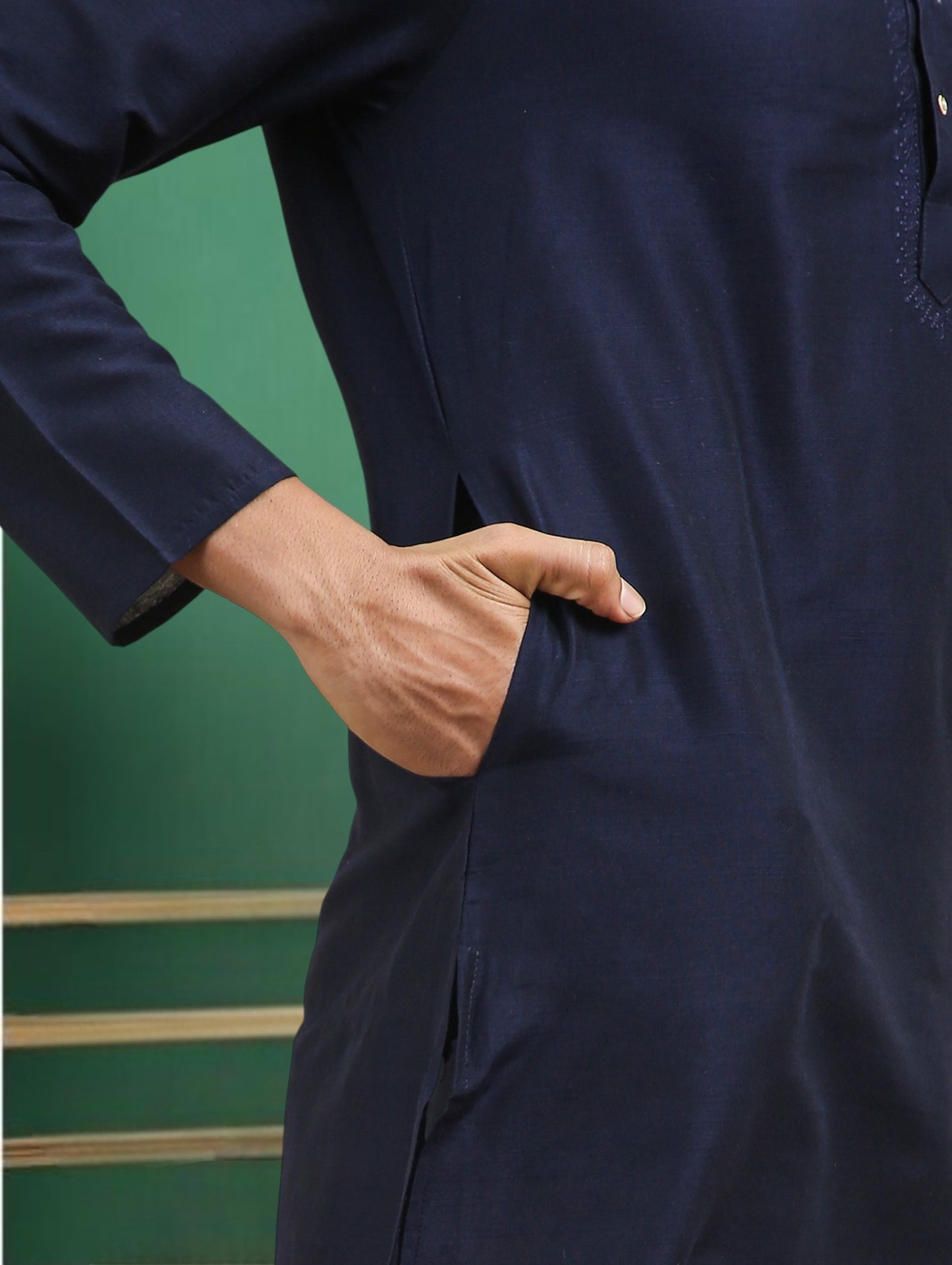 Tattva Navy Blue Toned Embroidered Cotton Short Kurta