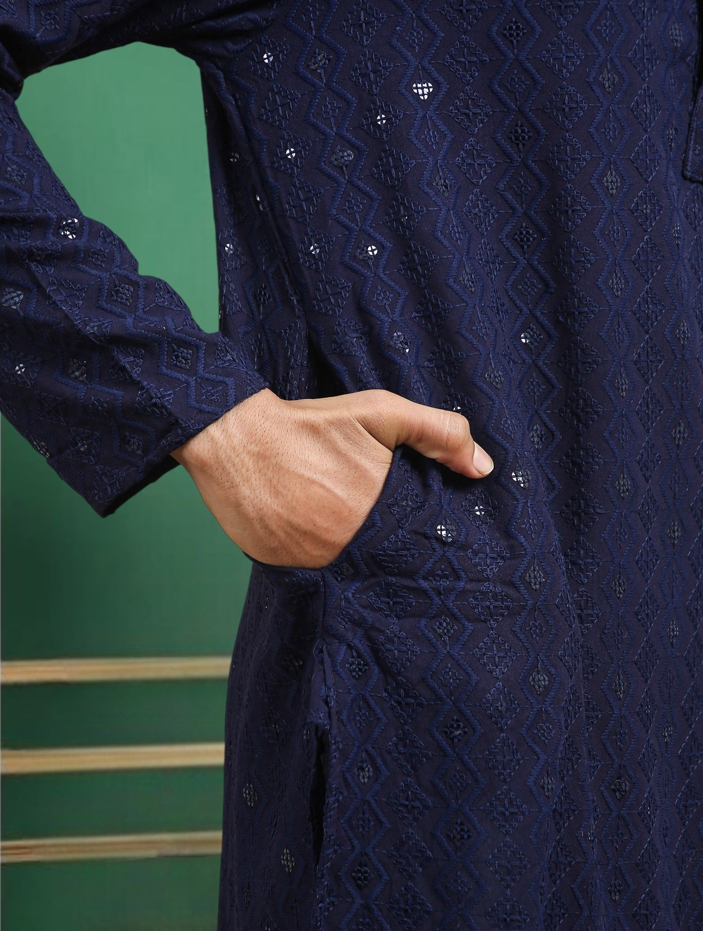 Tattva Navy Blue Toned chikankari Cotton Short Kurta