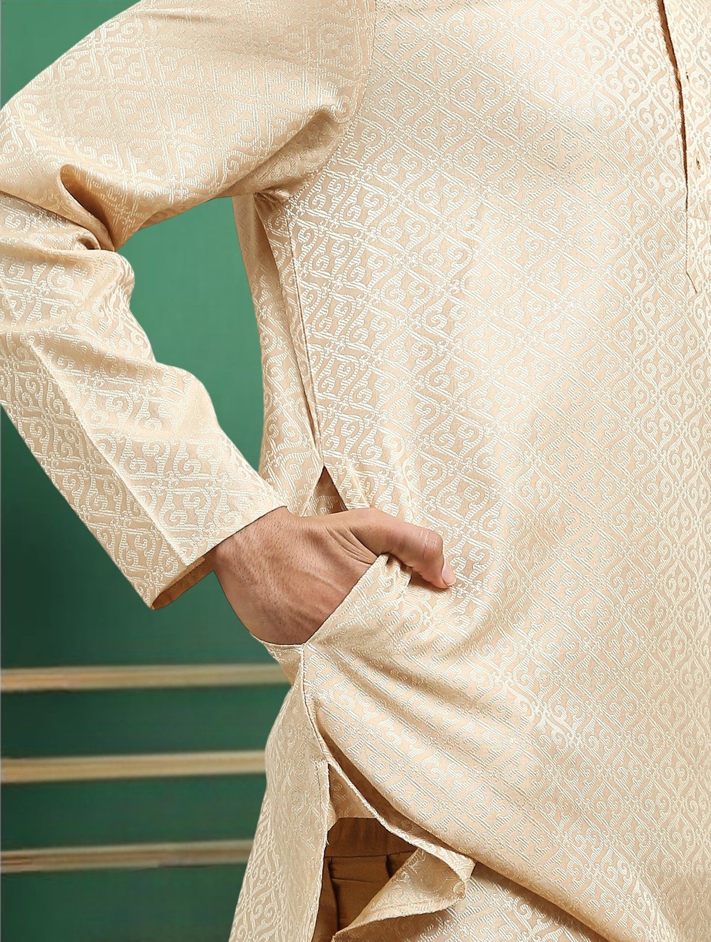 Tattva Gold Toned jaquard Polyster Short Kurta
