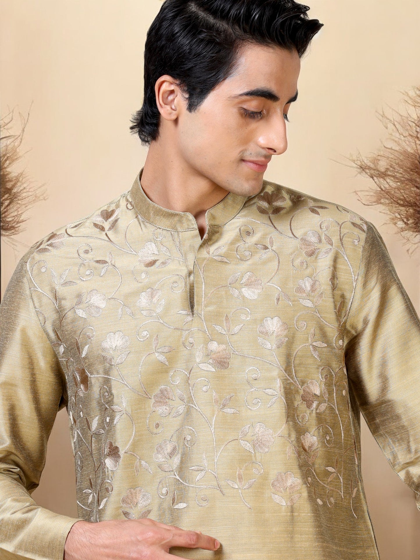 Tattva Men Embroidered Cotton Blend Asymmetric Kurta