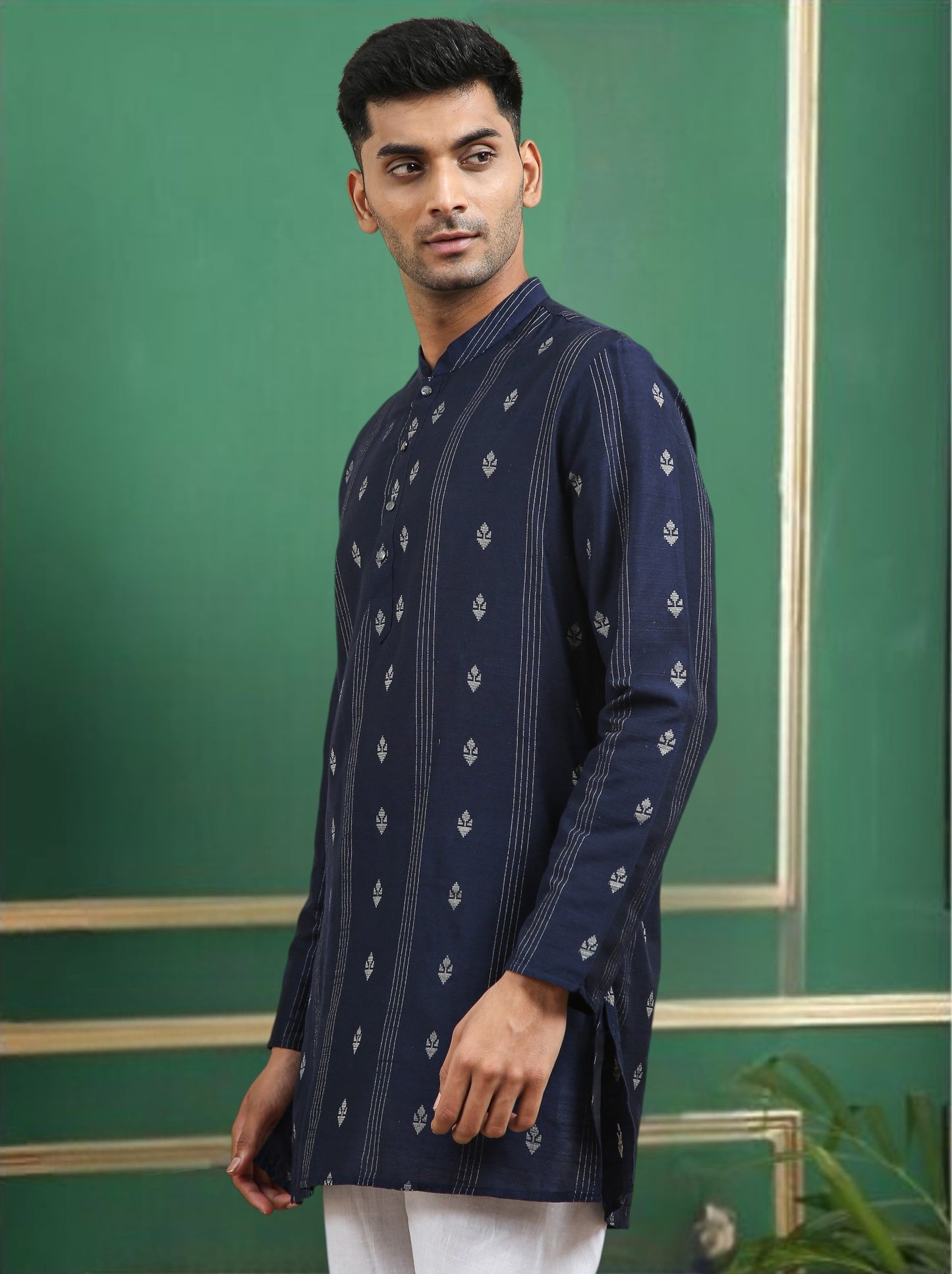 Tattva Navy Blue Toned Woven Design Cotton Short Kurta