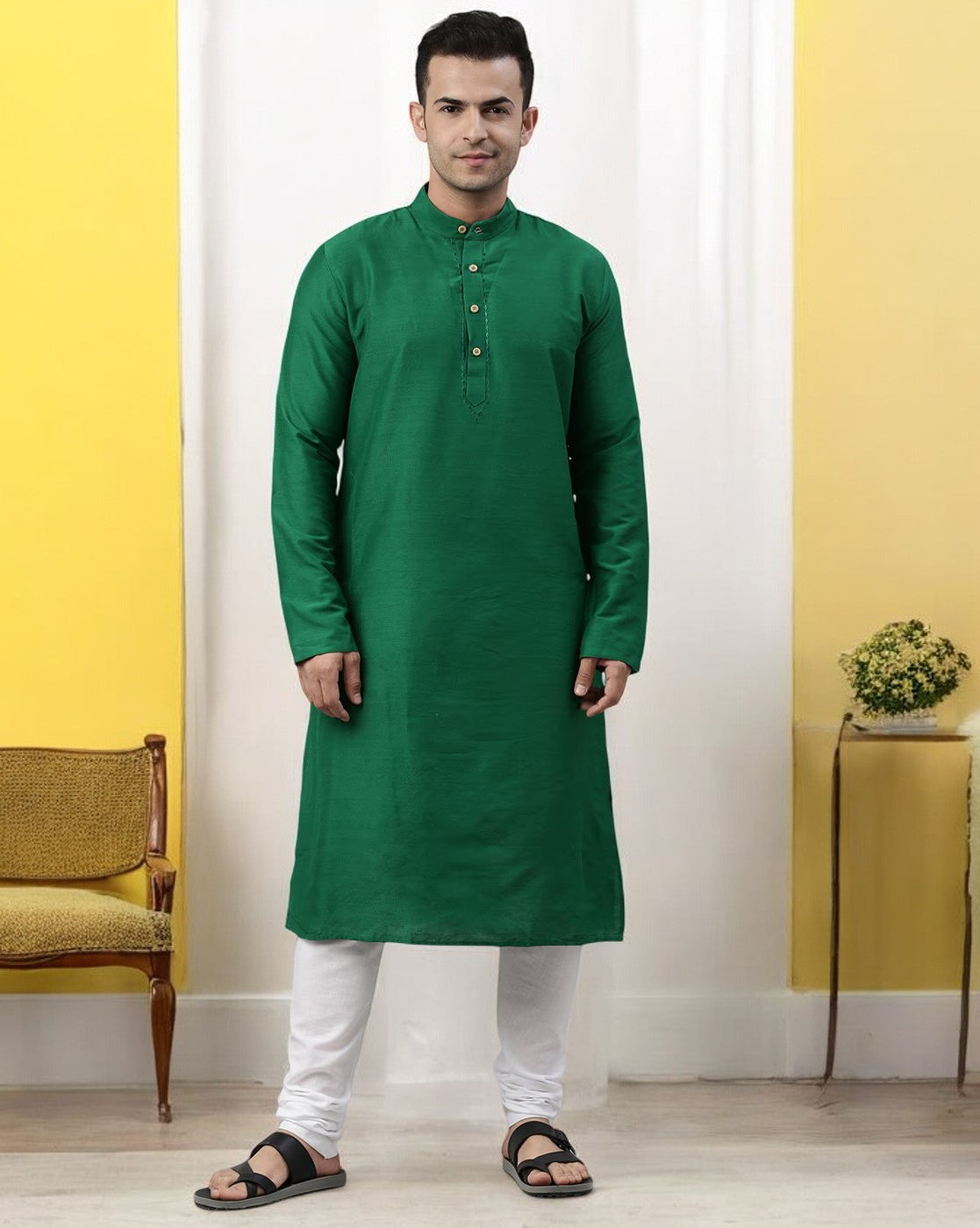 Tattva Green Color Cotton Long Kurta With Pyjamas