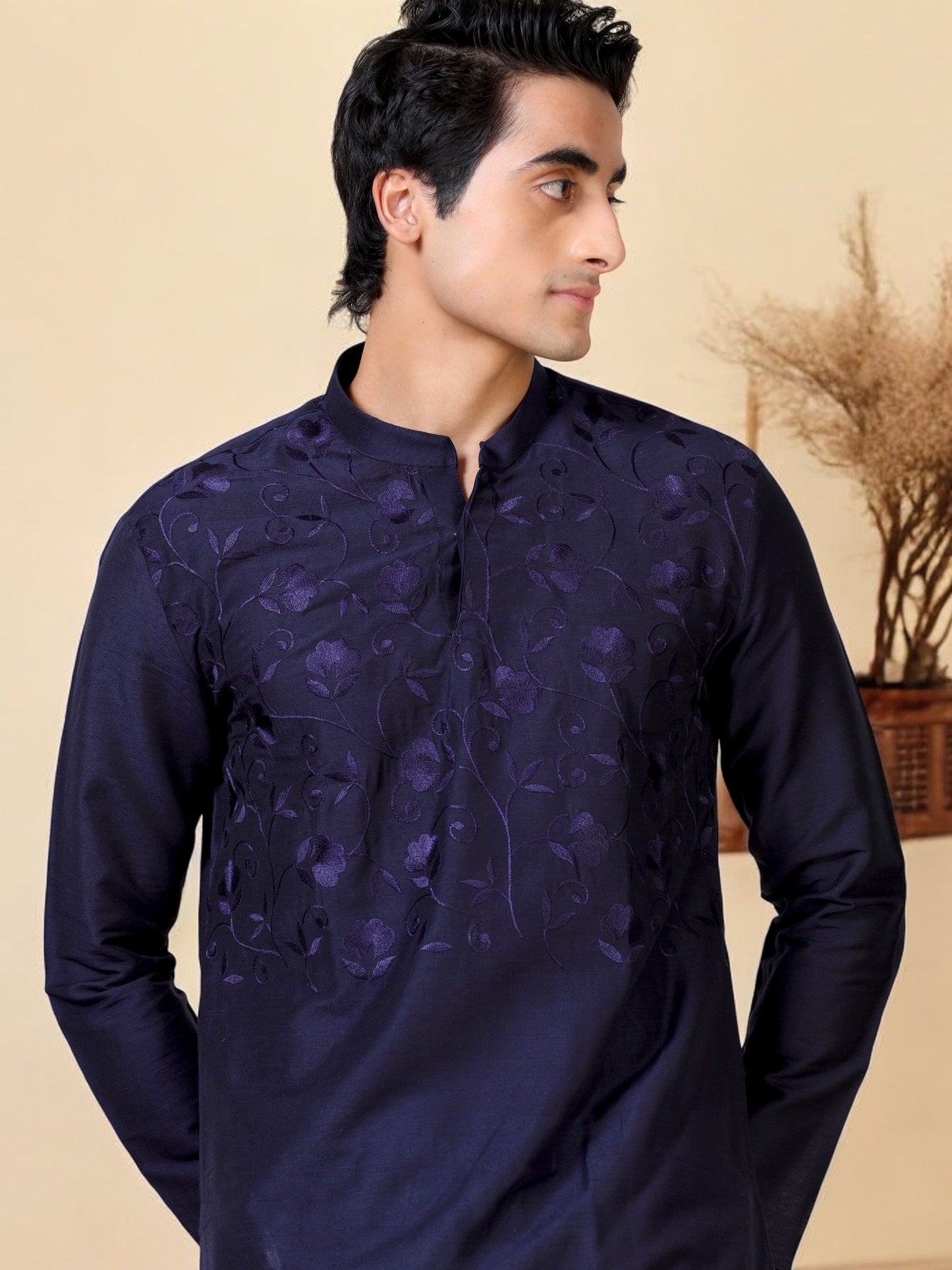 Tattva Men Embroidered Cotton Blend Asymmetric Kurta